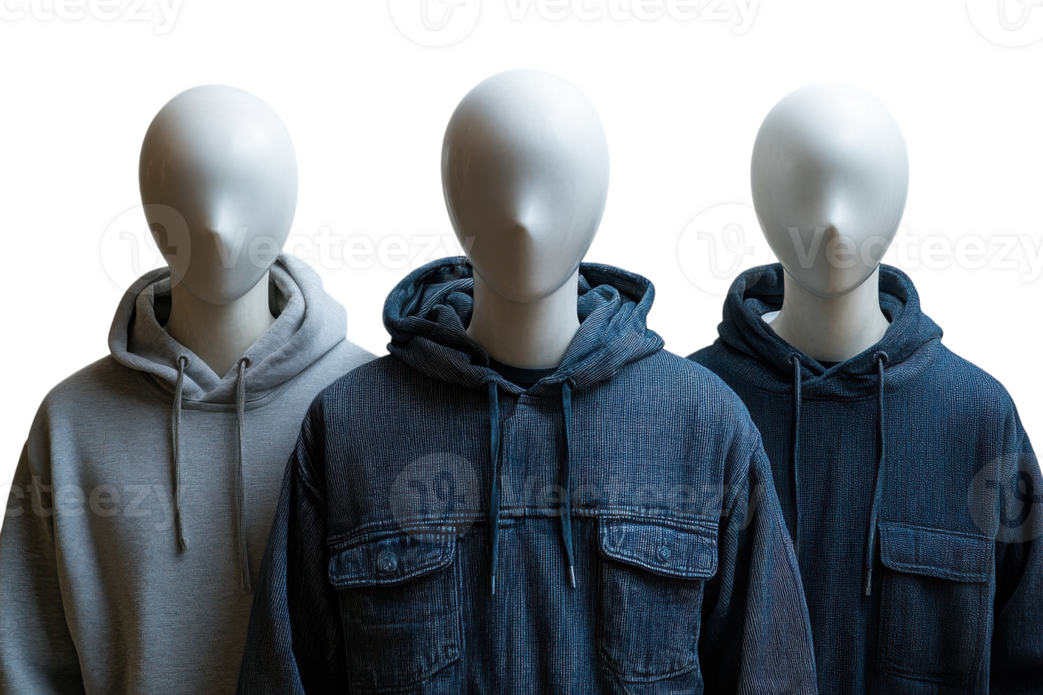 Stylish hoodies displayed on mannequins in a modern retail store for winter fashion collection png