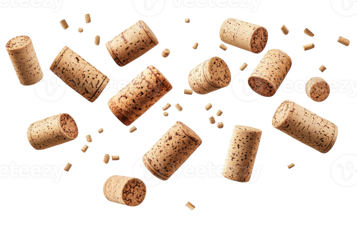 Corks scattered on a white surface create a dynamic and intriguing composition of natural materials png