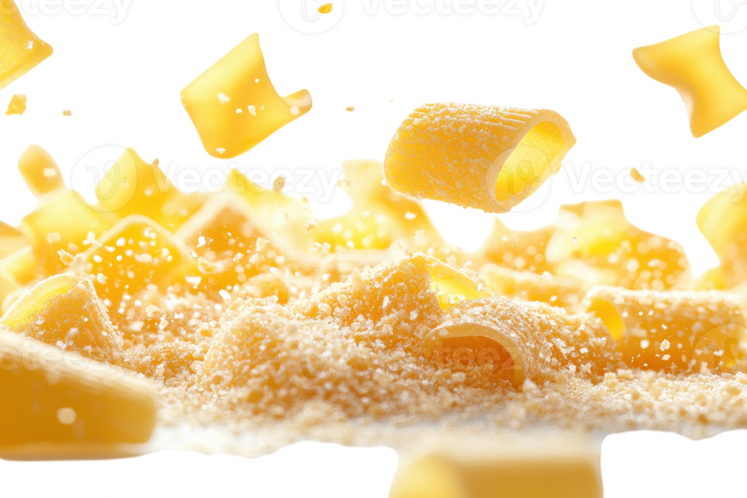 Pieces of pasta falling over a bed of fine crumbs against a bright white background png