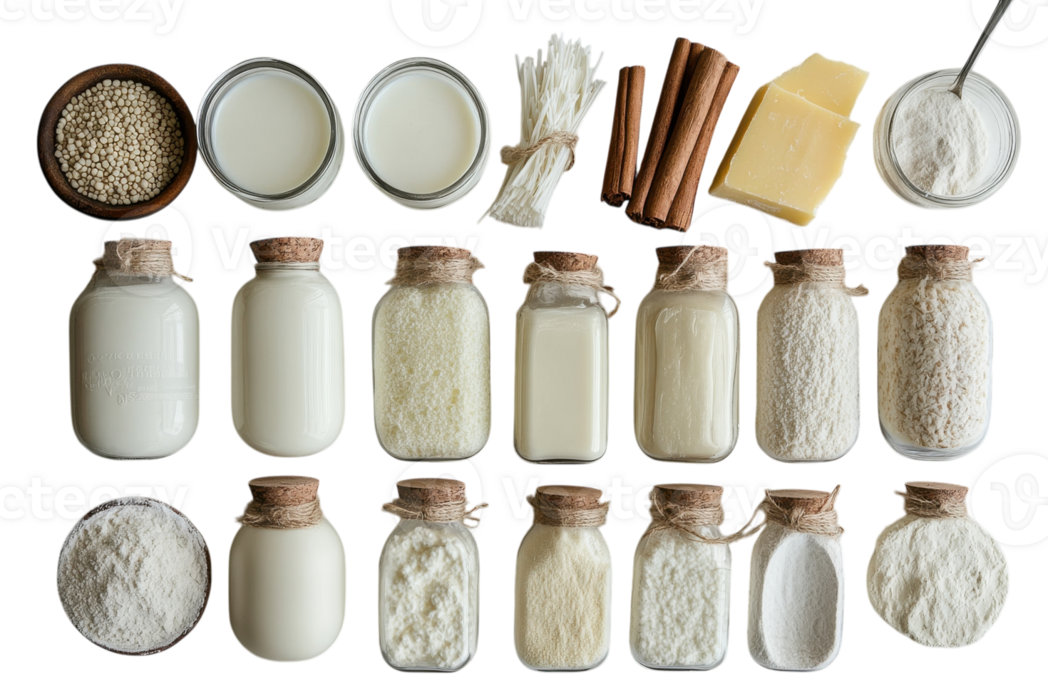 Various ingredients arranged on a countertop for cooking and baking preparations png