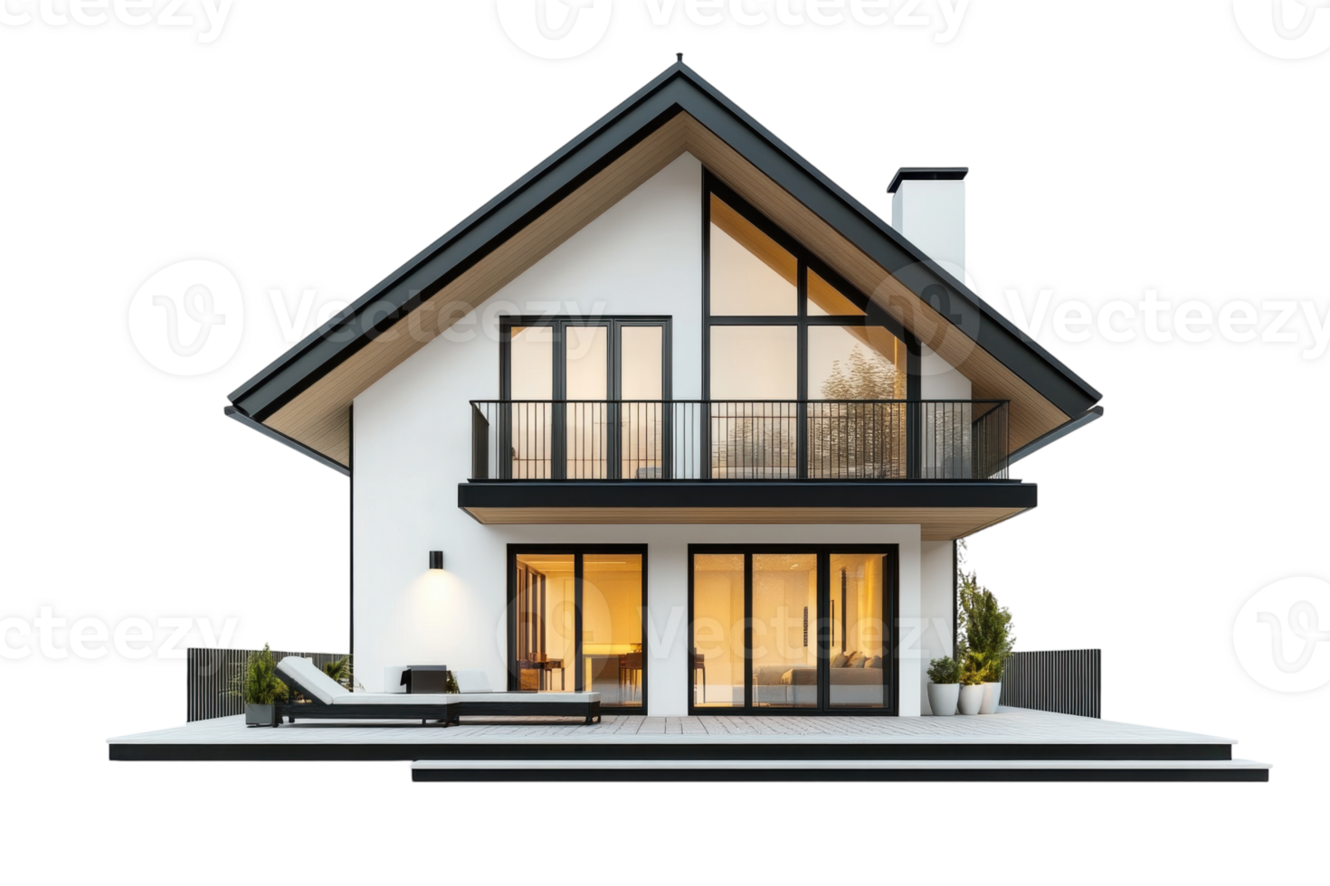 Modern house design with large windows and outdoor terrace in a minimalist style during evening glow png