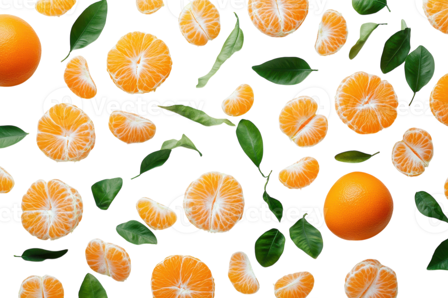 Bright orange slices and leaves arranged artistically on a white background showcasing freshness and vibrancy png