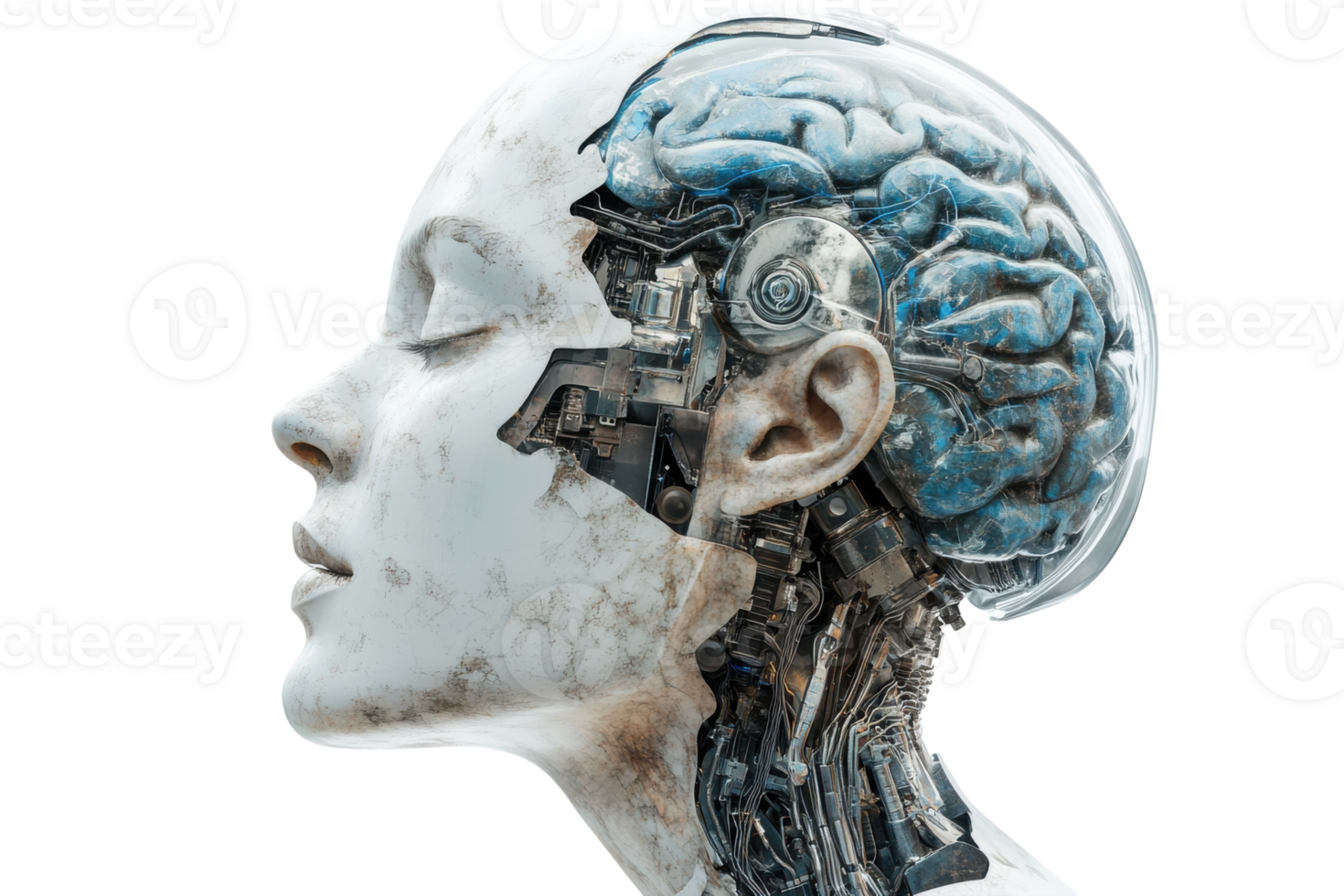 Exploration of artificial intelligence through a cyborg head showcasing intricate mechanical details and a human-like brain png