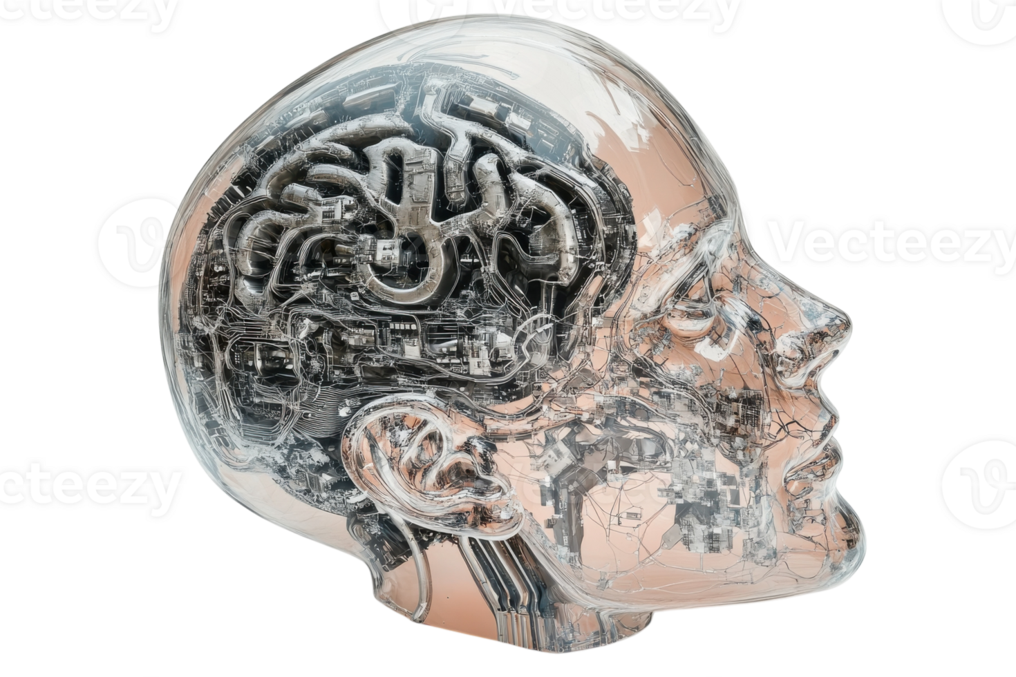 Intricate design of a human brain in a transparent head sculpture showcasing advanced technology and creativity png