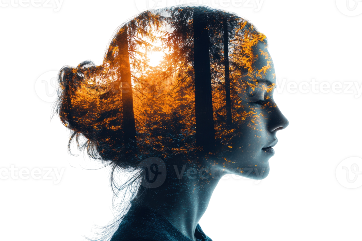 Profile silhouette of a woman with a double exposure effect showcasing a forest and sunlight at sunset png