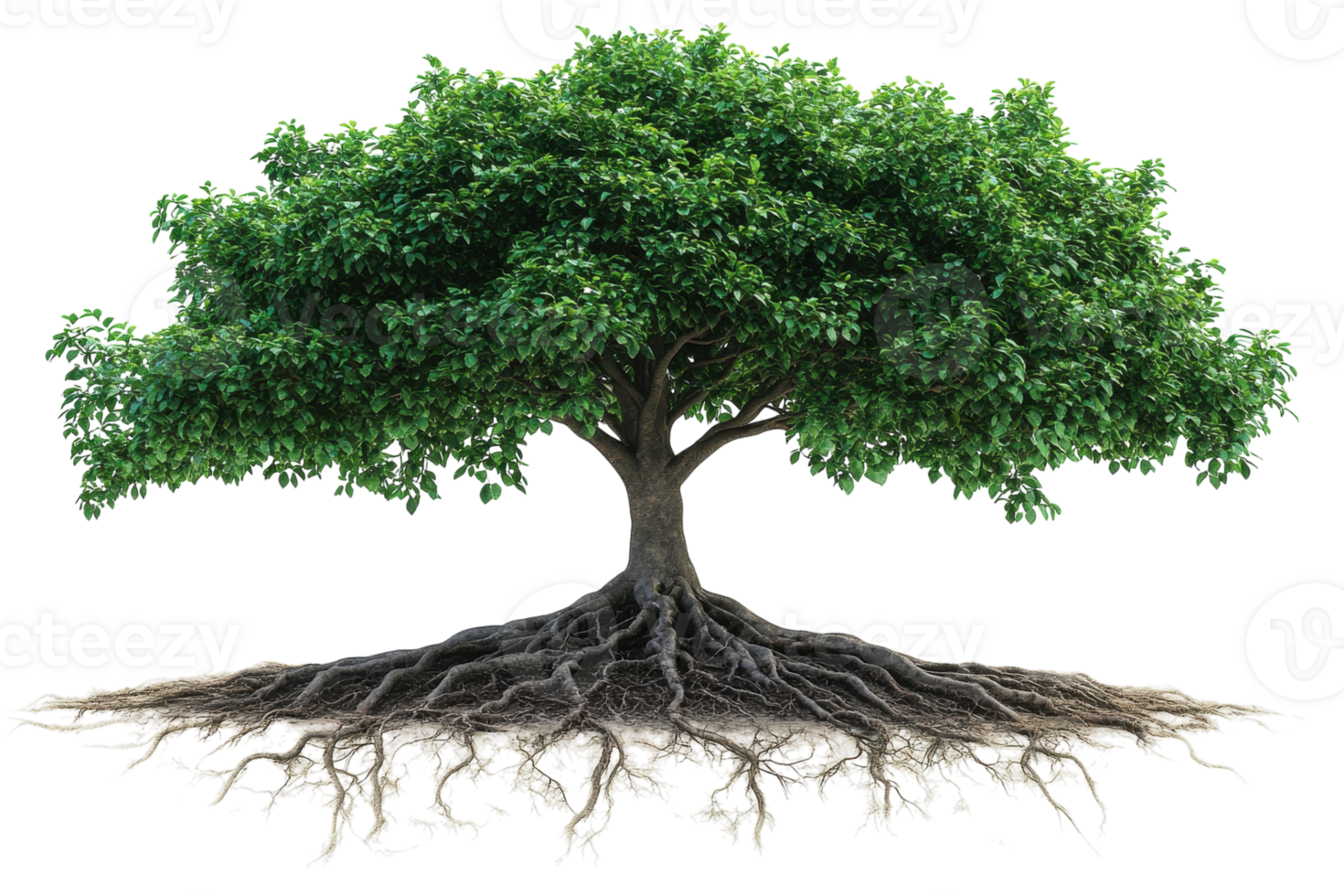 Strong tree with expansive roots, showcasing nature's resilience and beauty in a vibrant landscape setting png