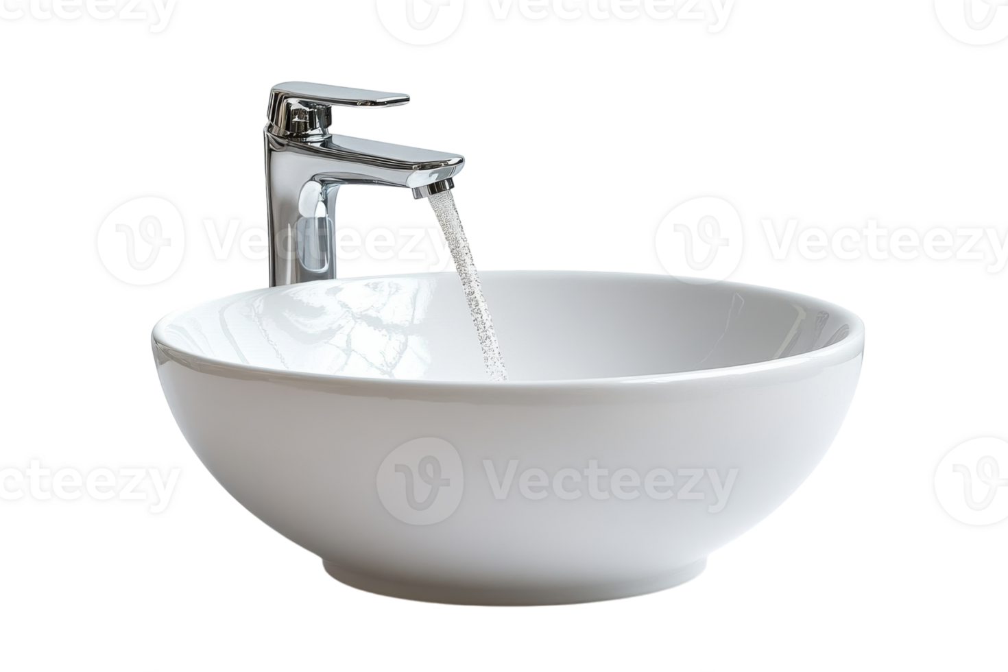 Modern faucet pouring water into a minimalist white bowl sink in a bright indoor setting png