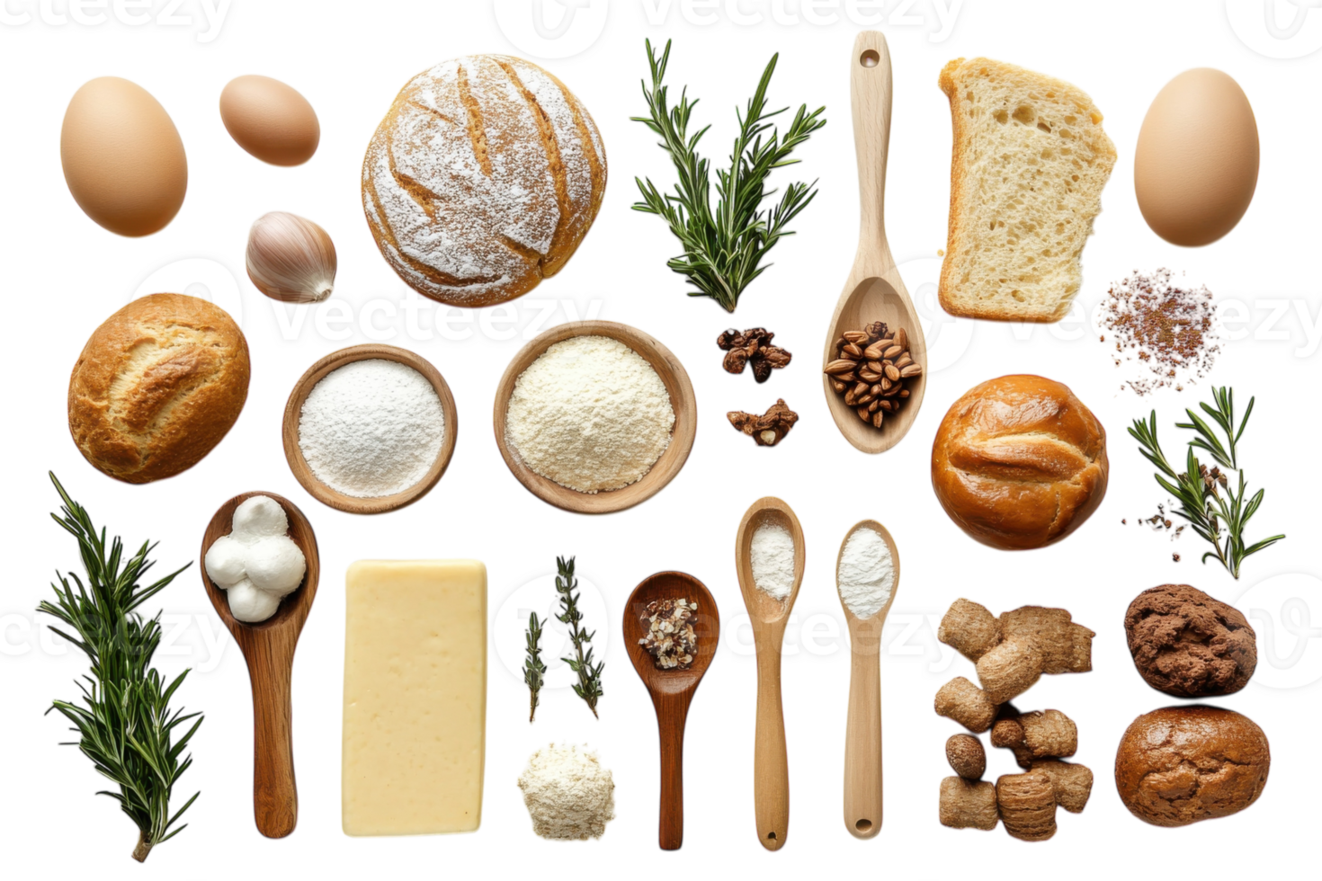 Ingredients for a delicious homemade bread and pastry preparation on a clean white surface png