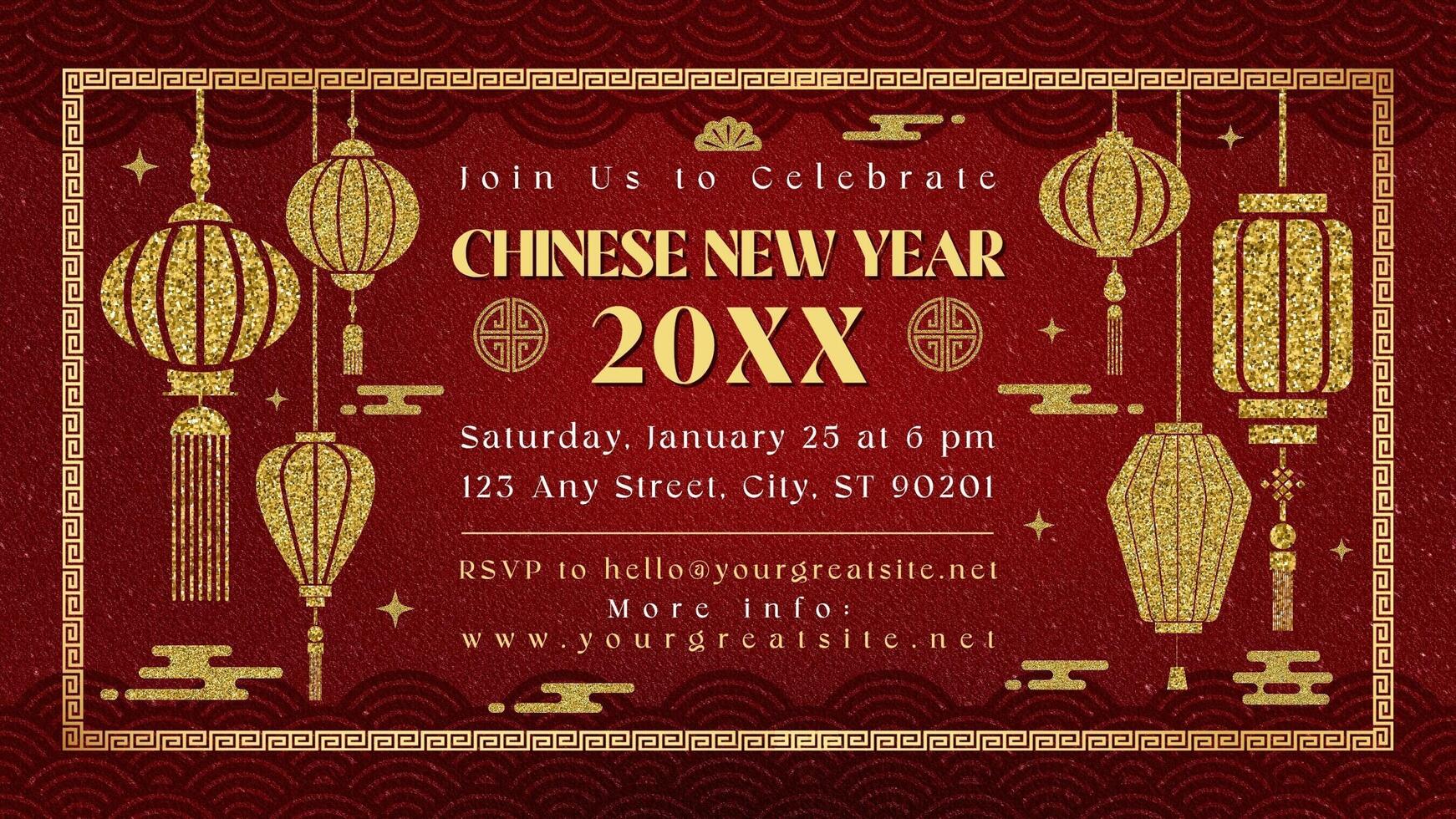 Chinese New Year Party Invitation with Golden Glitter Lanterns for Twitter Post template