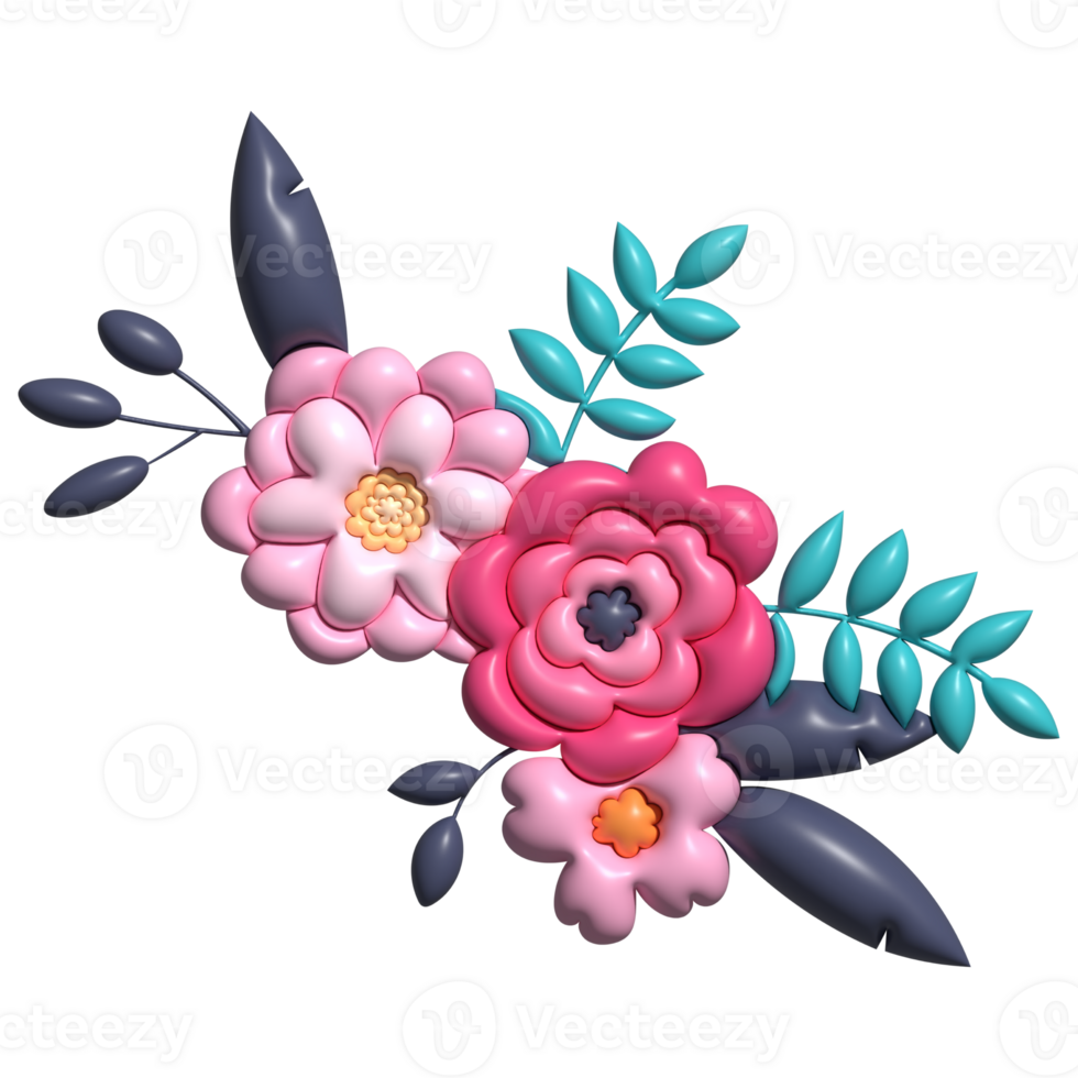 Floral decoration with colorful flowers, leaf, branch. Plastic, plasticine, inflated style. For wedding, greeting card, logo composition design isolated on transparent background png