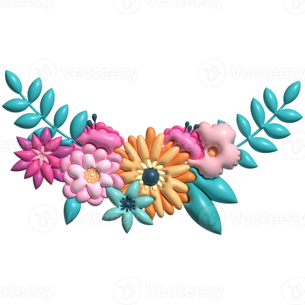 Colorful flowers, leaf, branch. Plastic, plasticine, inflated style. For wedding, greeting card, logo composition design isolated on transparent background png