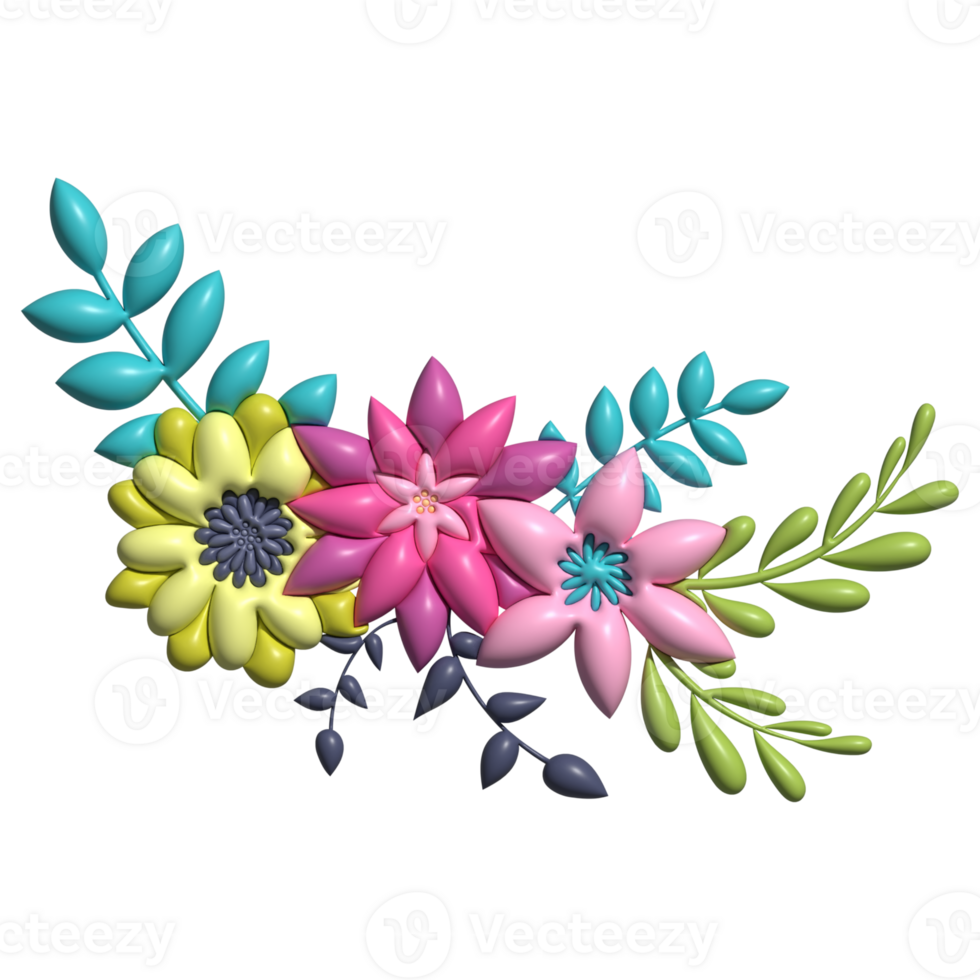Decoration with colorful flowers, leaf, branch. Plastic, plasticine, inflated style, composition design isolated on transparent background png