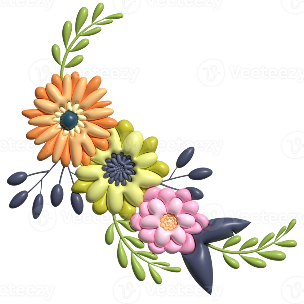Flowers, leaf, branch. Plastic, plasticine, inflated style. Design isolated on transparent background png