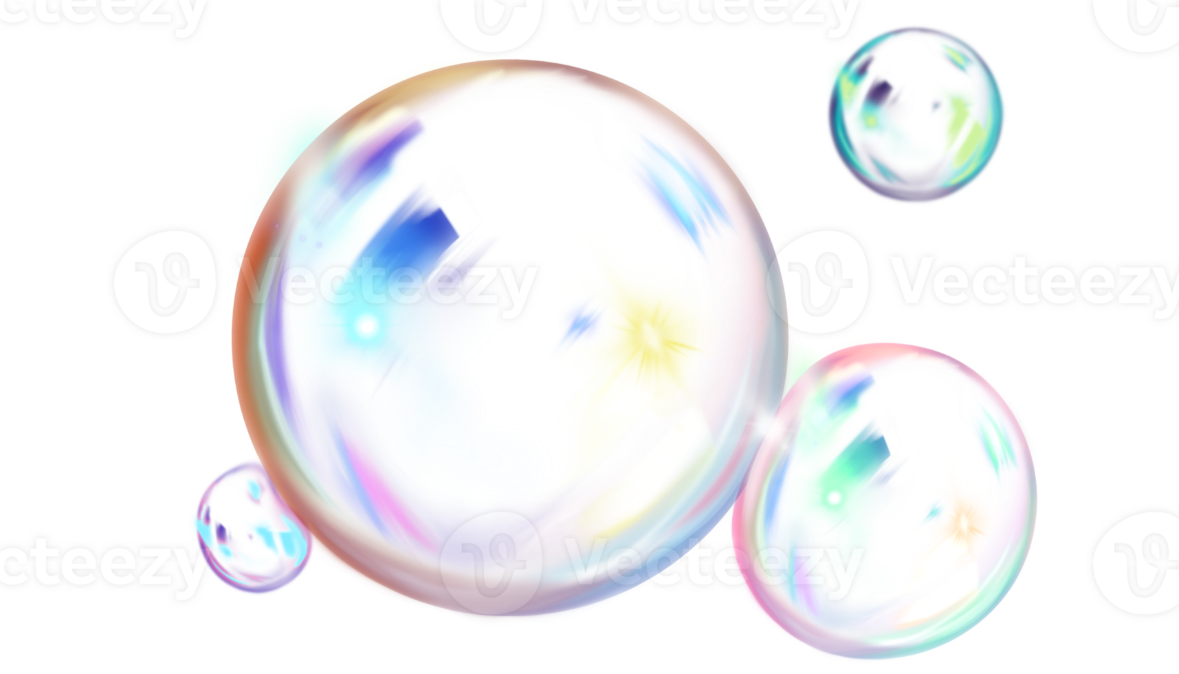 Transparent soap bubbles with bright sun glare. Design element for banners, posters, postcards and photos. Transparent background png