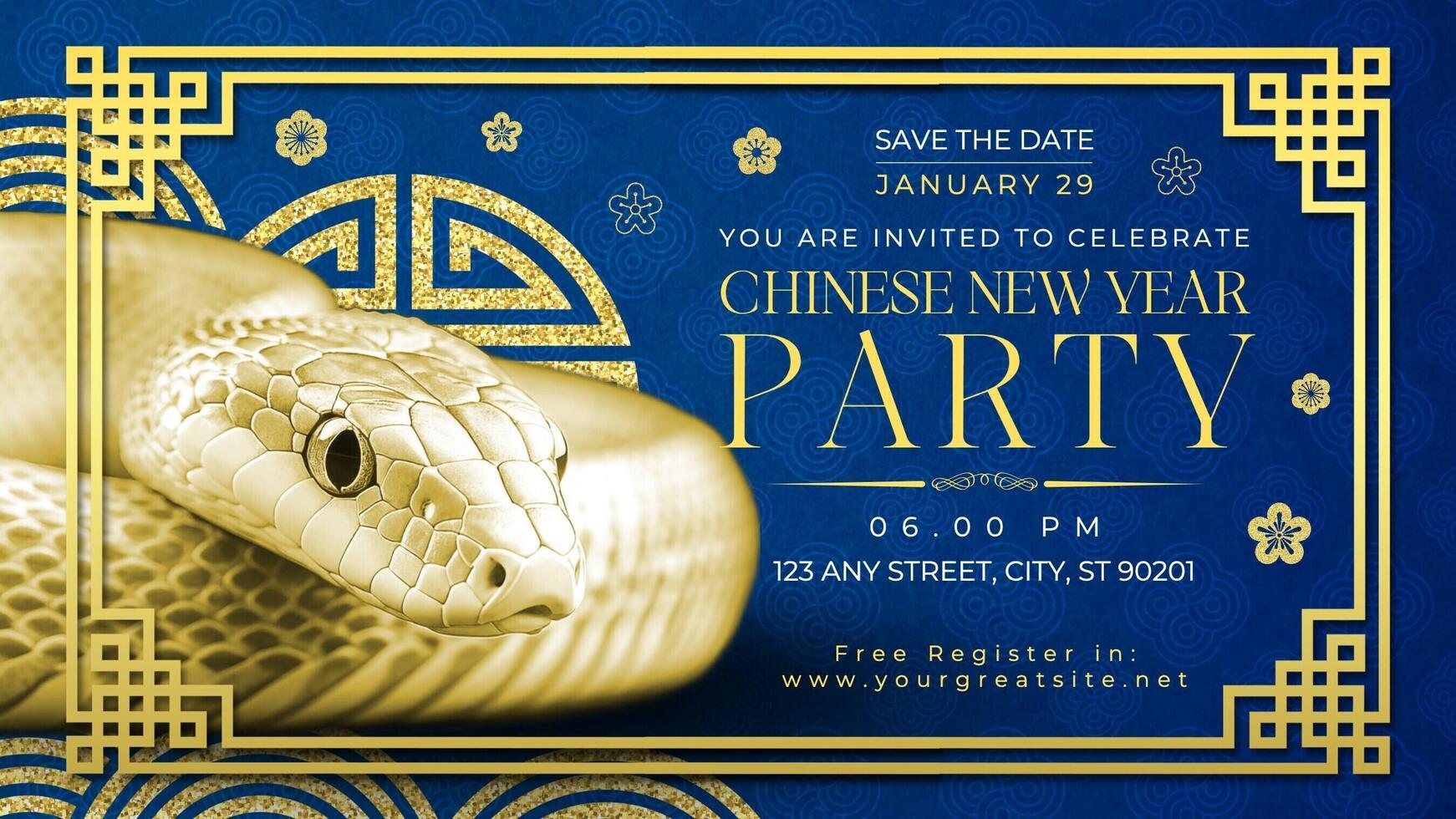 Chinese New Year of The Snake Party Invitation with Golden Snake for Twitter Post template