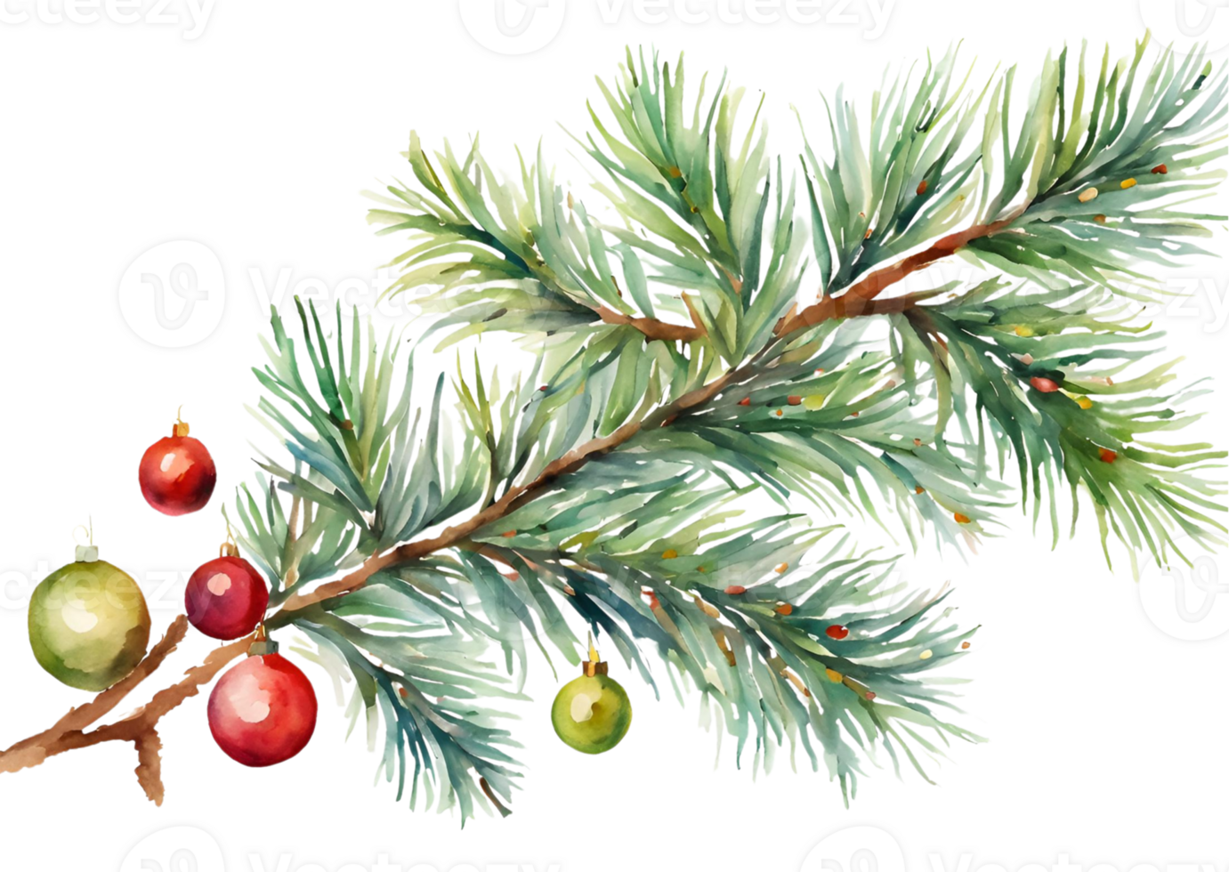 Festive Watercolor Christmas Pine Branch with Ornaments png