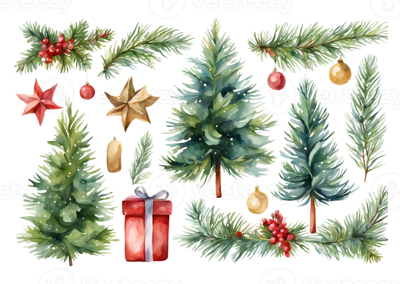 Watercolor Christmas Trees Branches Ornaments Gift png