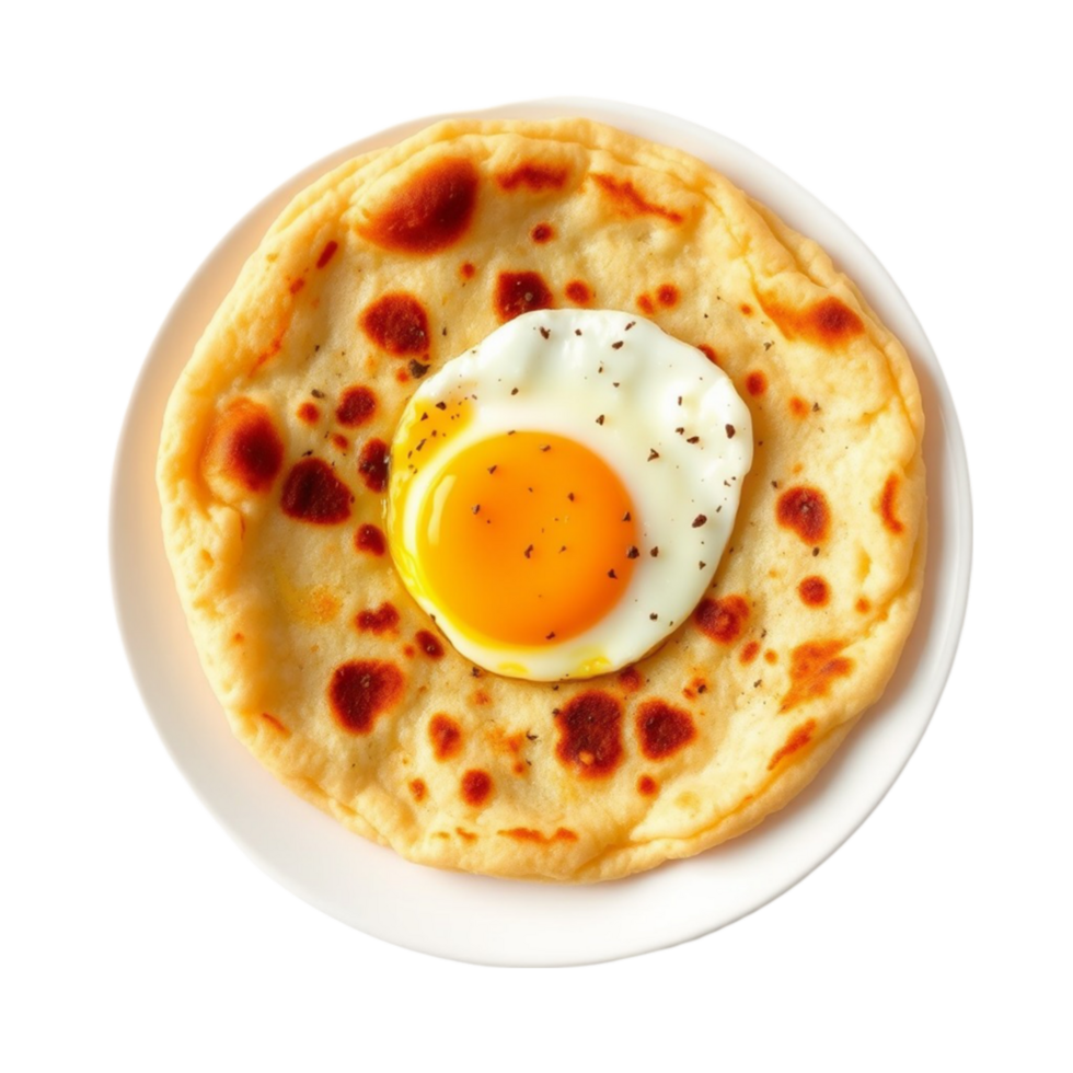 A golden brown paratha served alongside a sunny side up egg garnished with a sprinkle of black pepper png