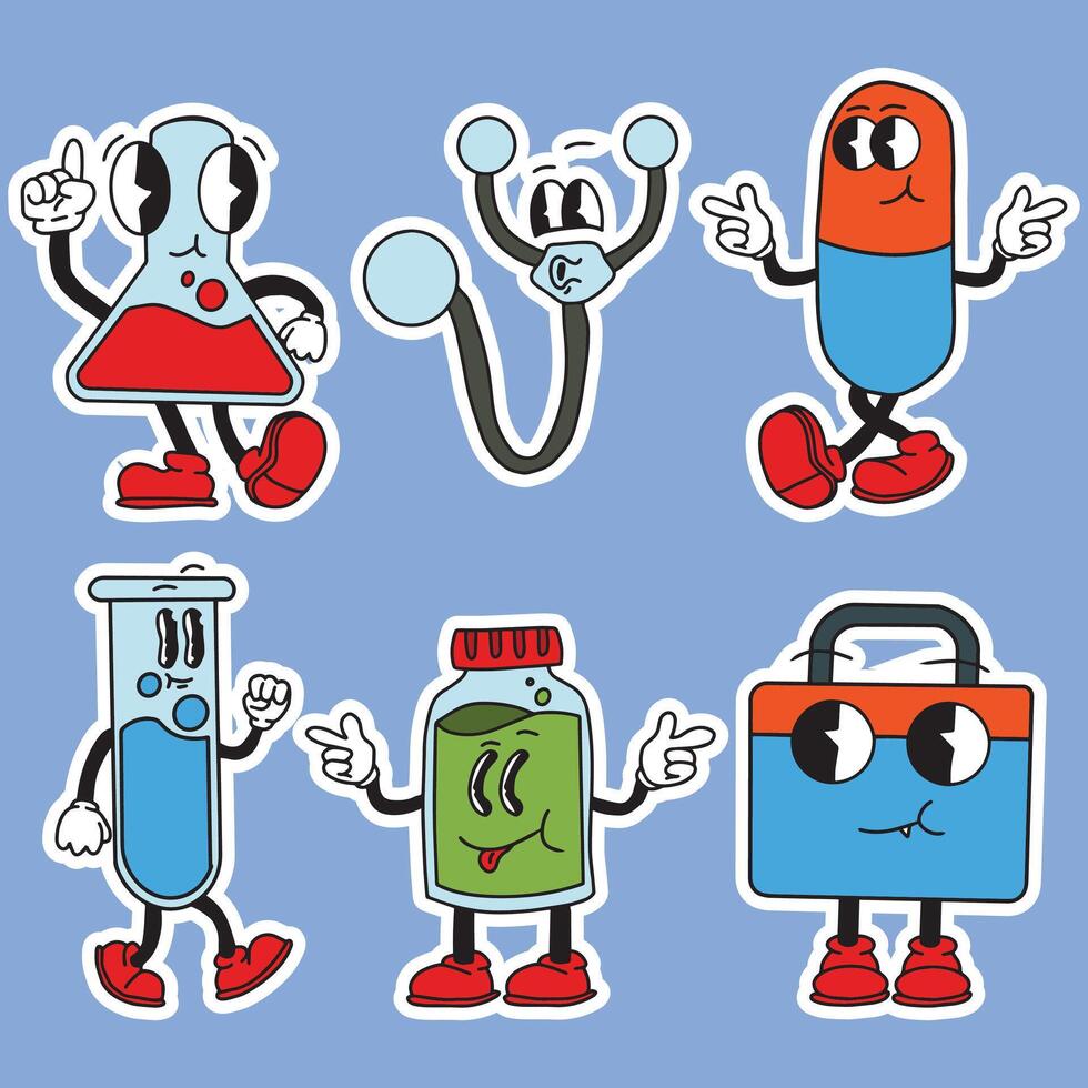 medicine sticker character design retro vector