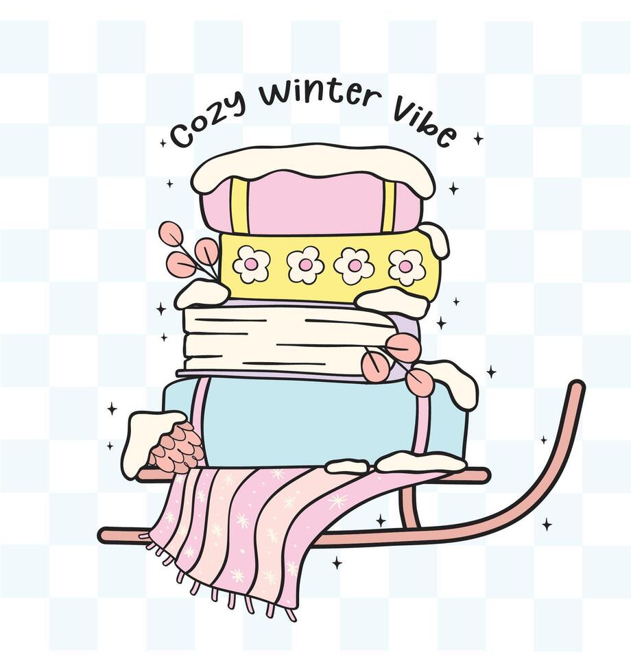Cute Groovy Retro Winter Bookish stacked of books on Cozy snow sled Illustration Hand Drawn Doodle. vector