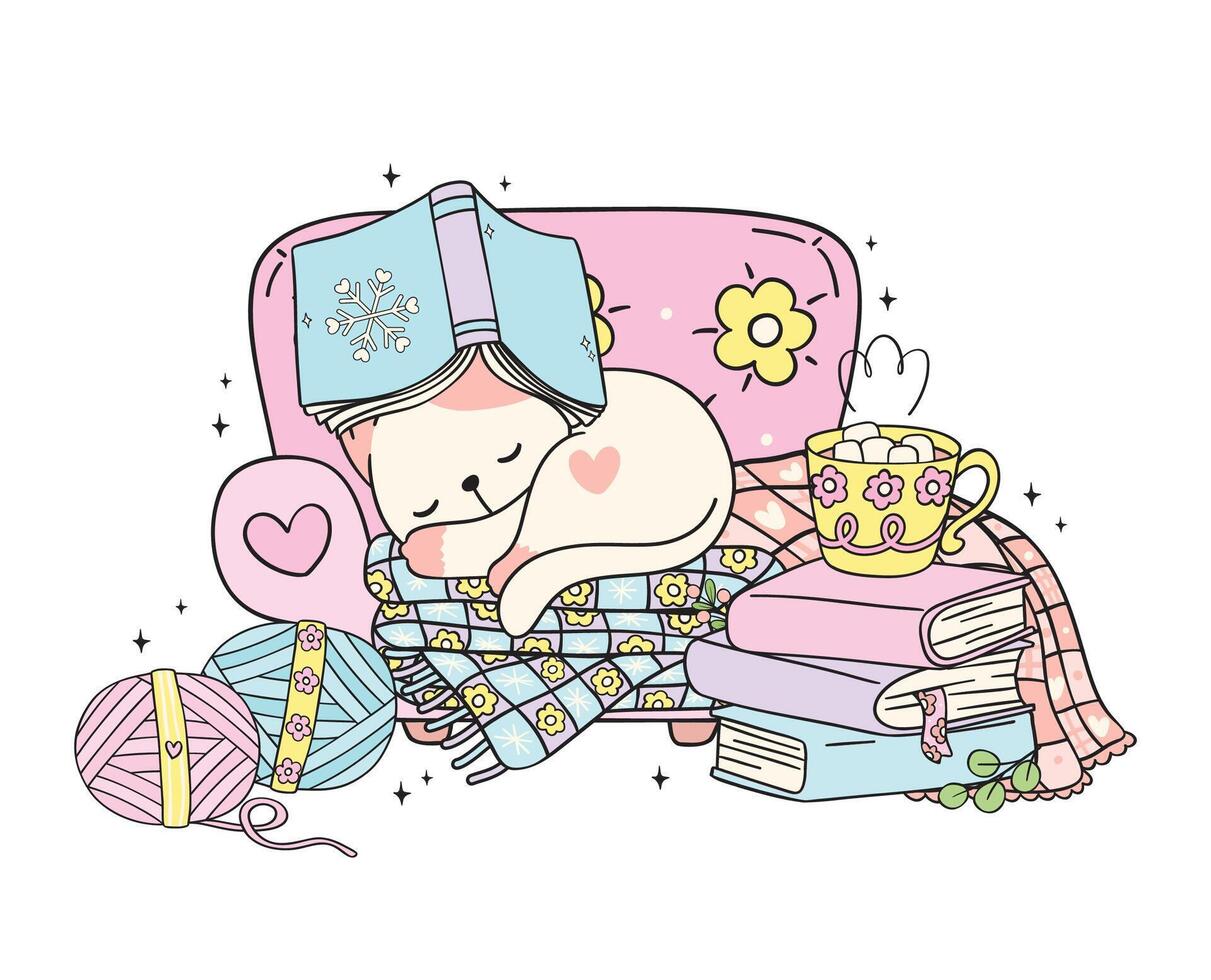Cute Groovy Retro Winter Bookish Cat Sleeping on Cozy Sofa Illustration Hand Drawn Doodle. vector