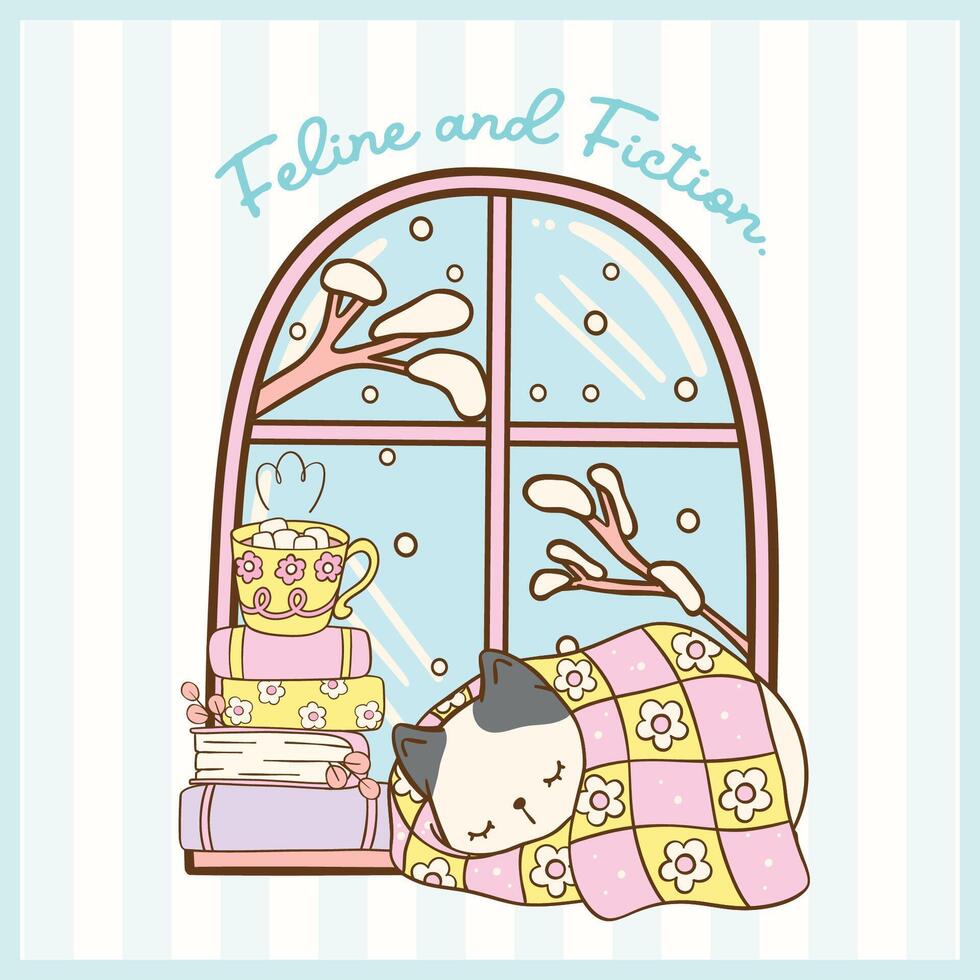 Cute Cozy Winter Bookish Scene Sleeping Cat on Snowy Window Illustration vector