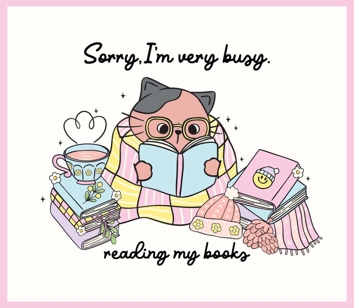 Cute Groovy Retro Winter Bookish Cat Reading Book with stacked of Books Illustration Hand Drawn Doodle. vector