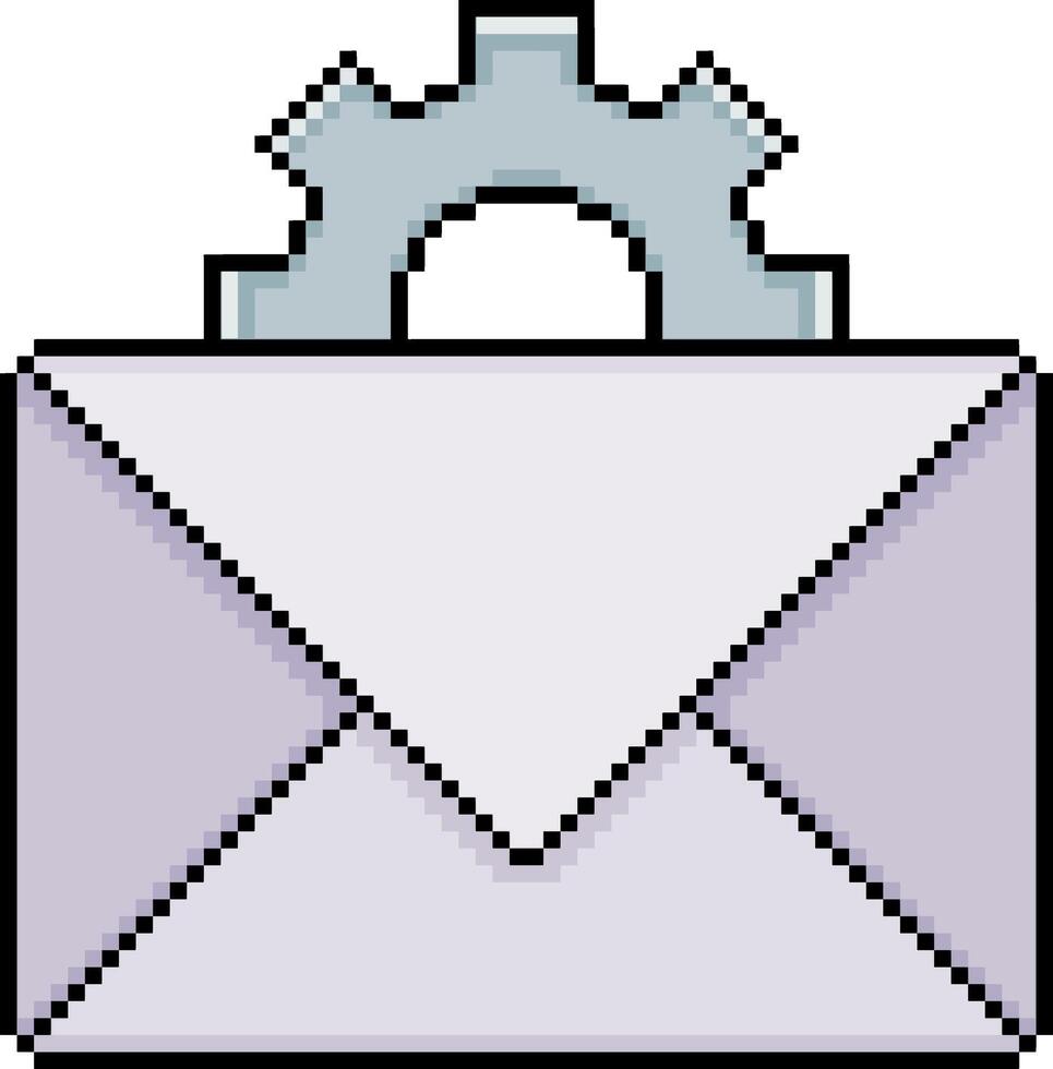 Pixel art envelope with gear in 8-bit style on white background vector