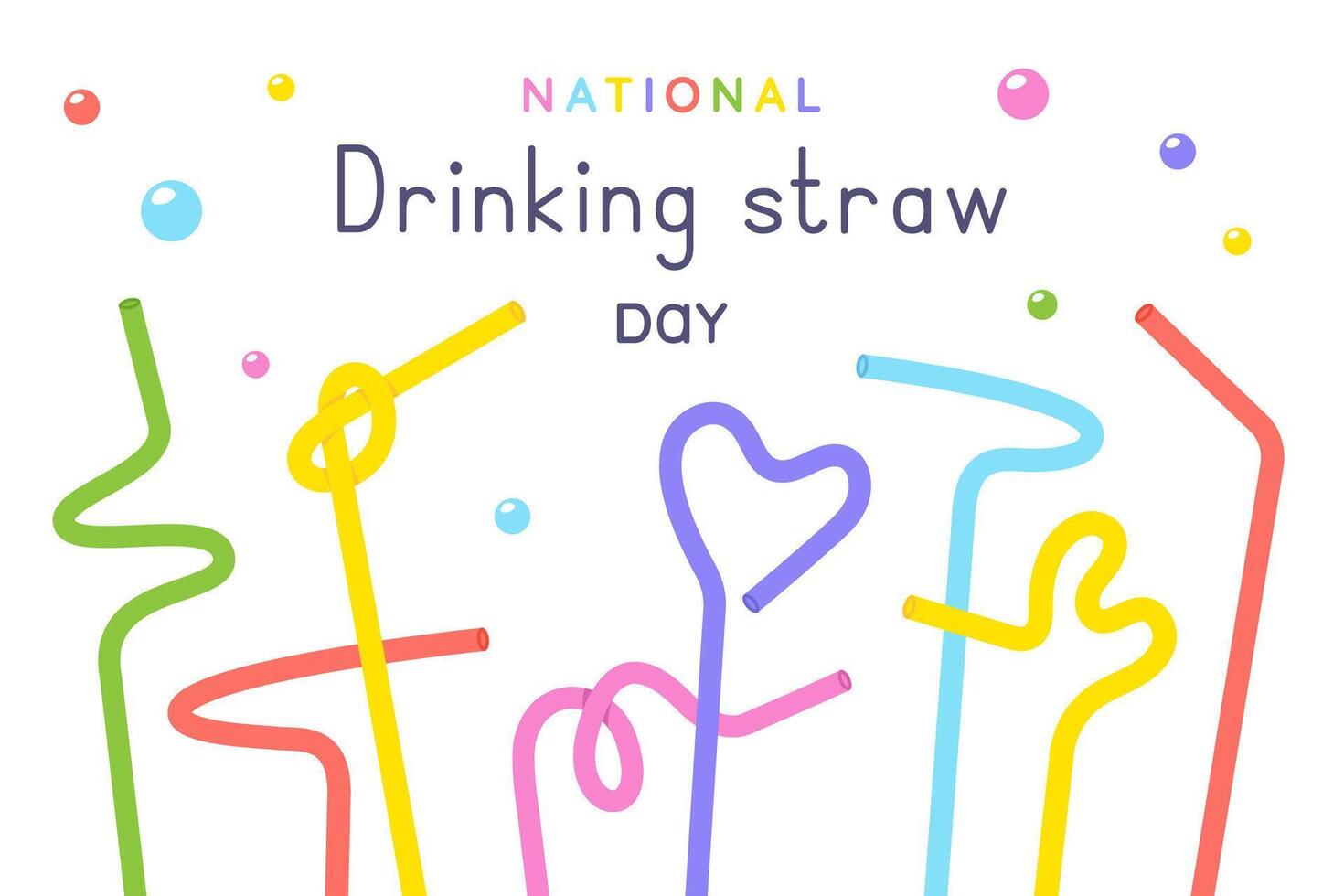 Various drinking straws of different shapes. National drinking straw day. Colour plastic drinking straws with bubbles of soda. Festive horizontal banner. Cartoon elements vector