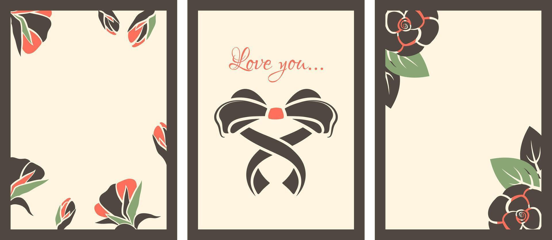 Valentine concept. Set of vertical retro posters for 14 February holiday. Beautiful flower, rosebuds, bow in shape of heart, love text. Gift cards. flat illustration vector