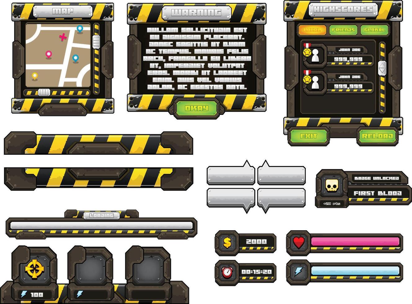 Metal action game user interface elements vector