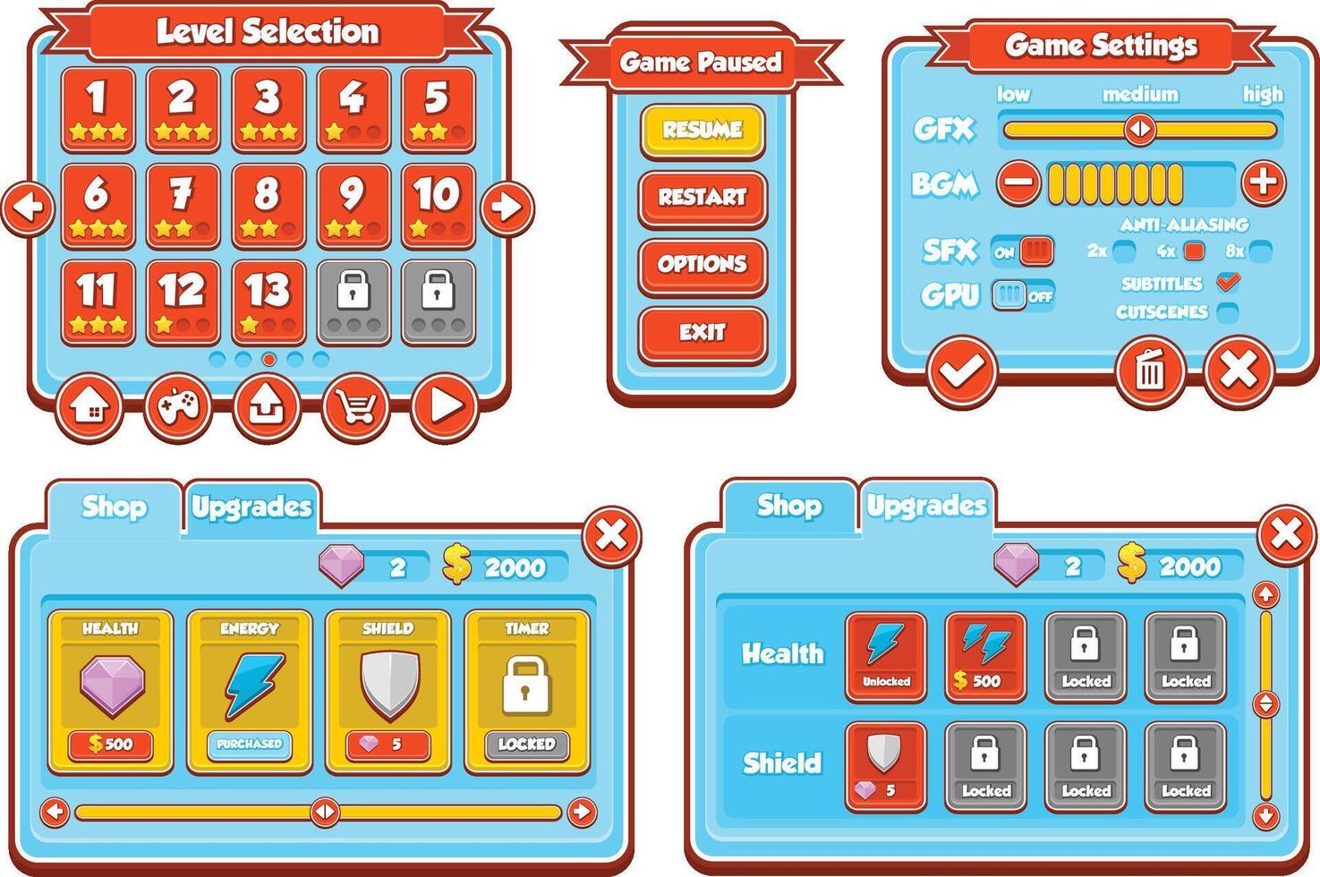 Casual Minimalistic Red and Blue Game User Interface Window Panel vector