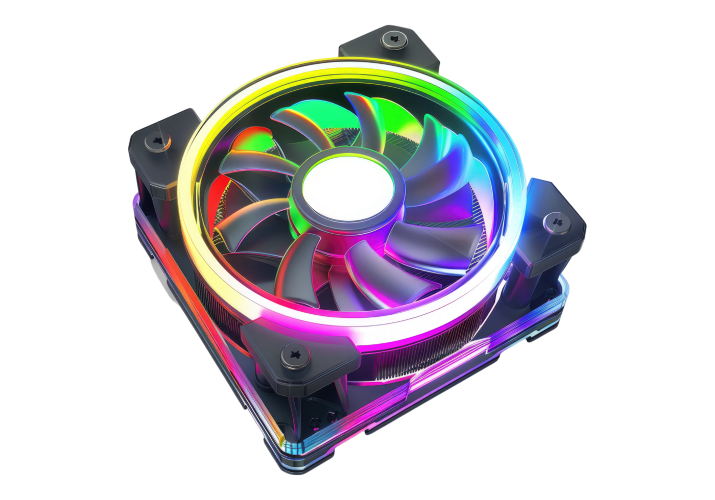 A computer fan with a rainbow light on it png