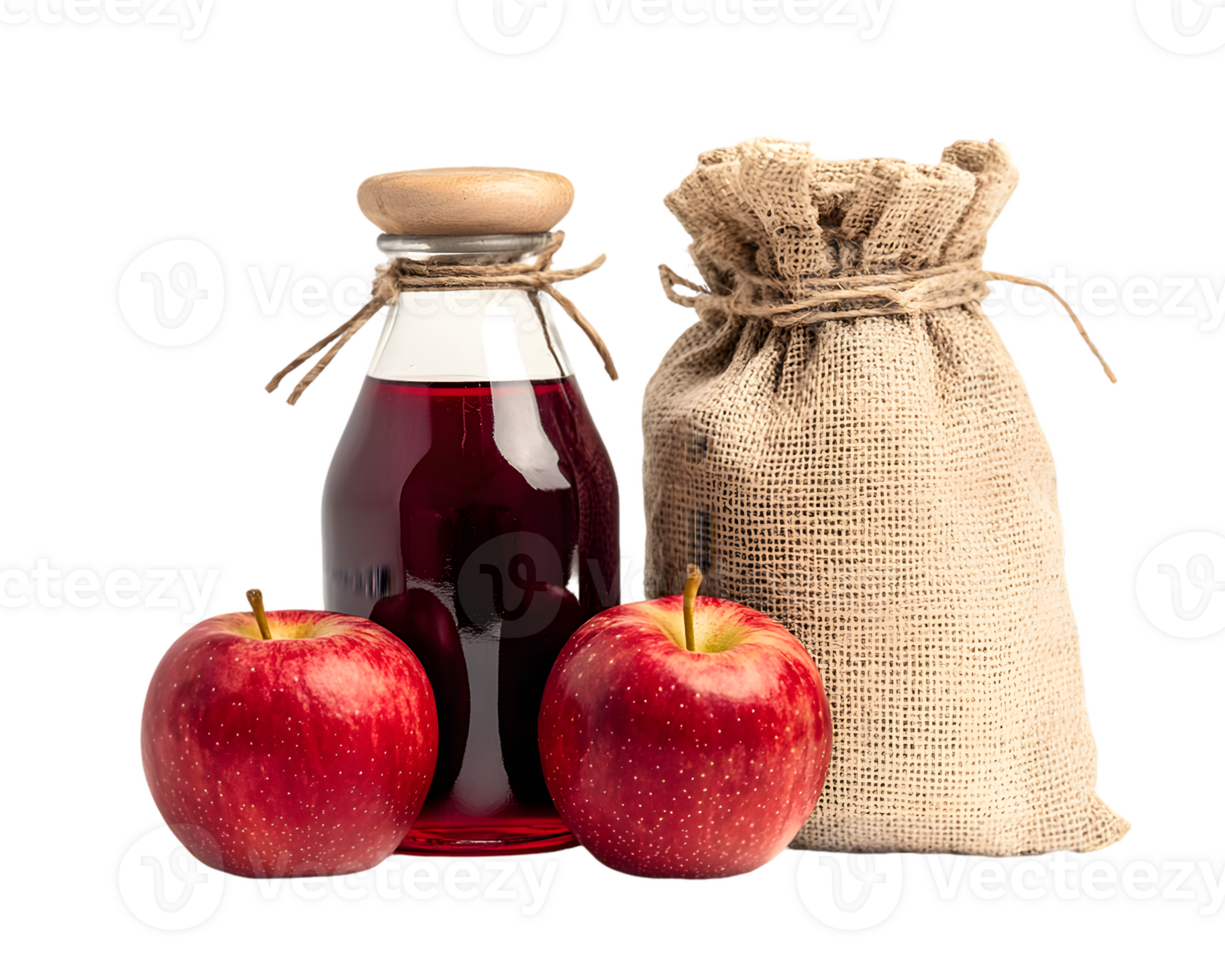 Red Apples, Apple Juice, and Burlap Sack png