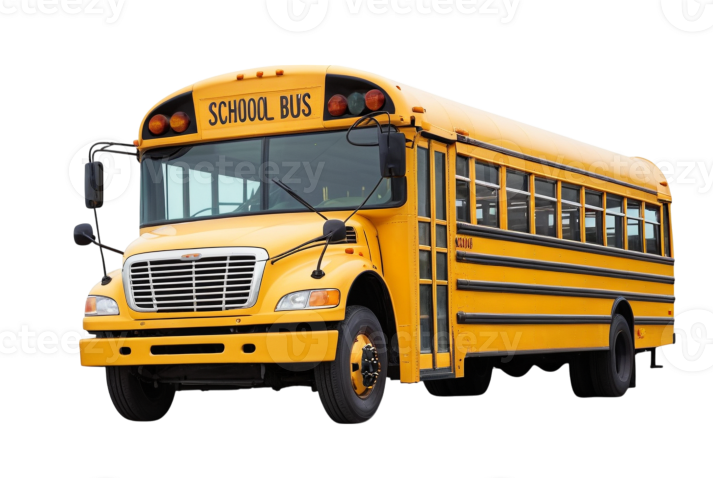 Front of a yellow american school bus approaching stop sign png