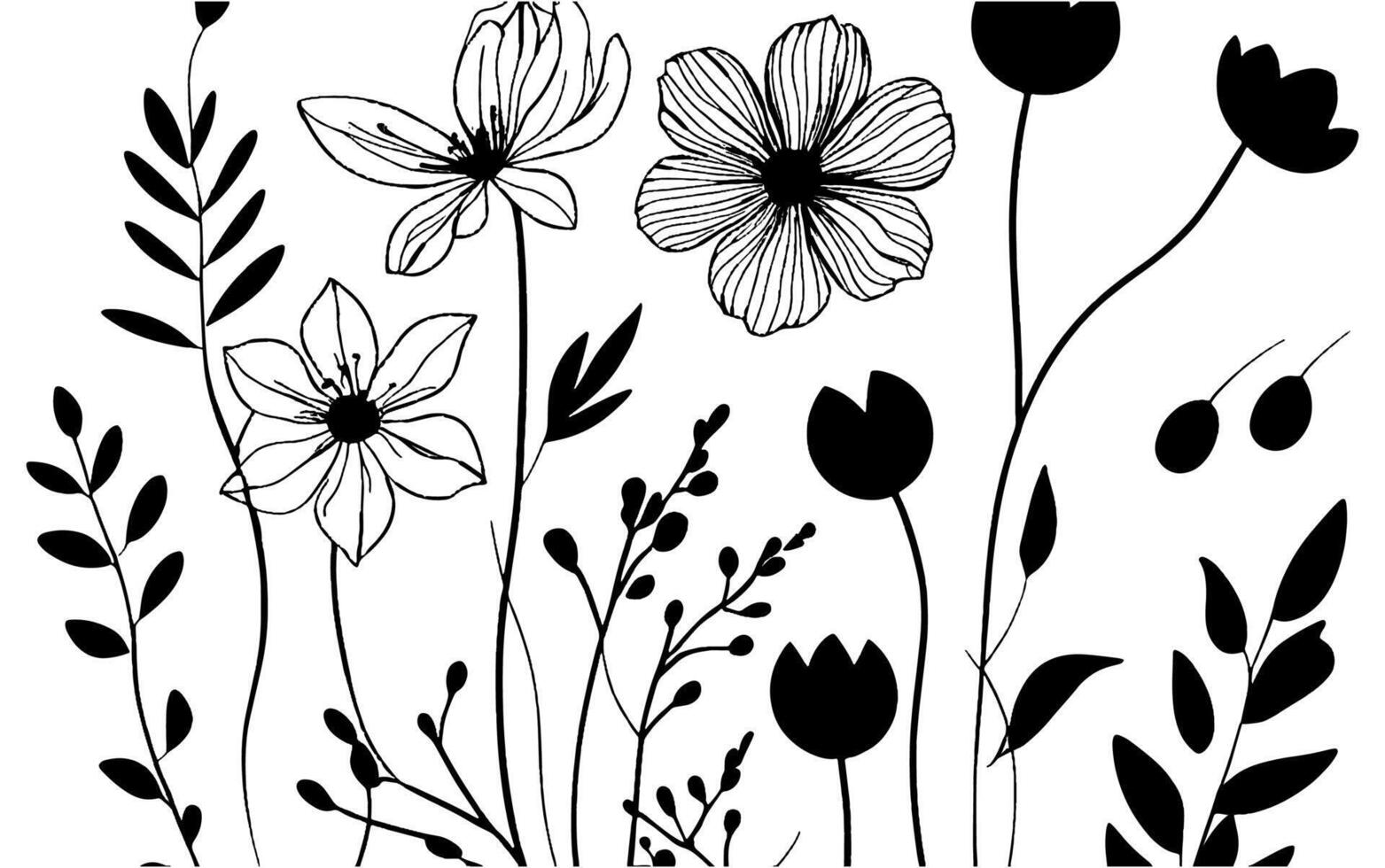 Black and white flowers and leaves on a white background vector