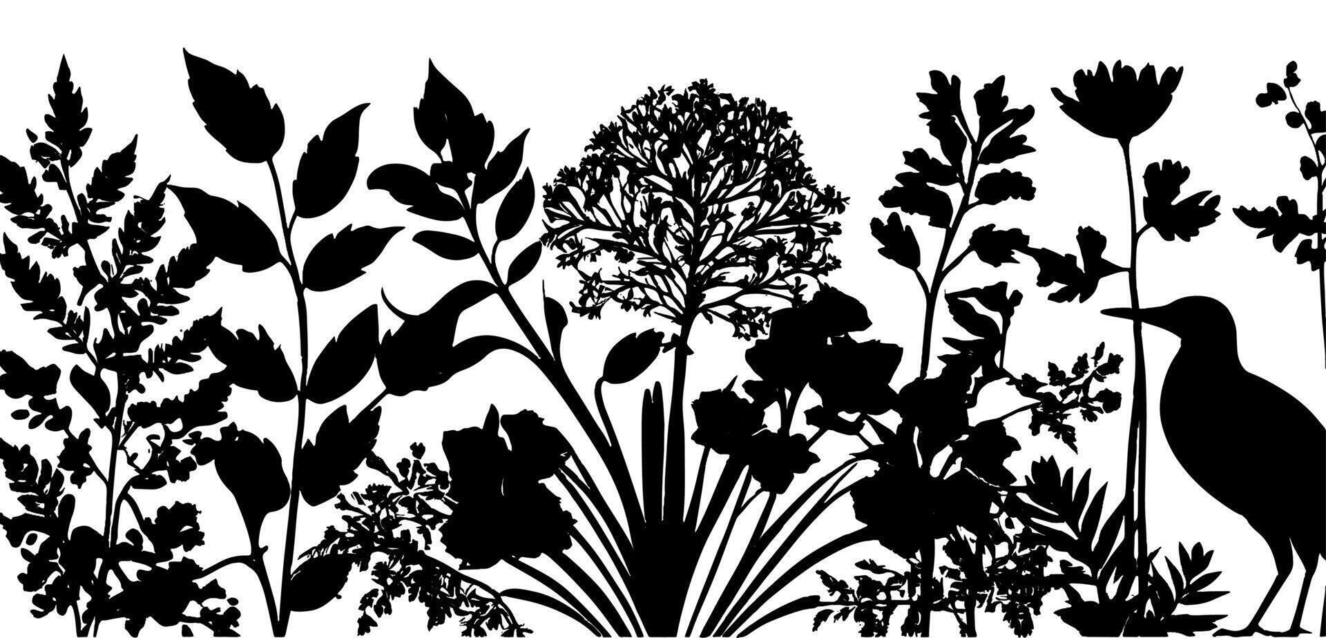 A silhouette of birds and flowers in a field vector