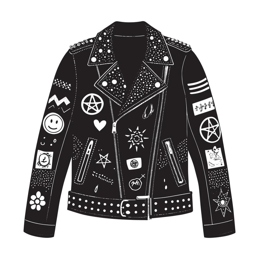 A black leather jacket covered in bold patches, pins, and slogans painted in white silhouette vector