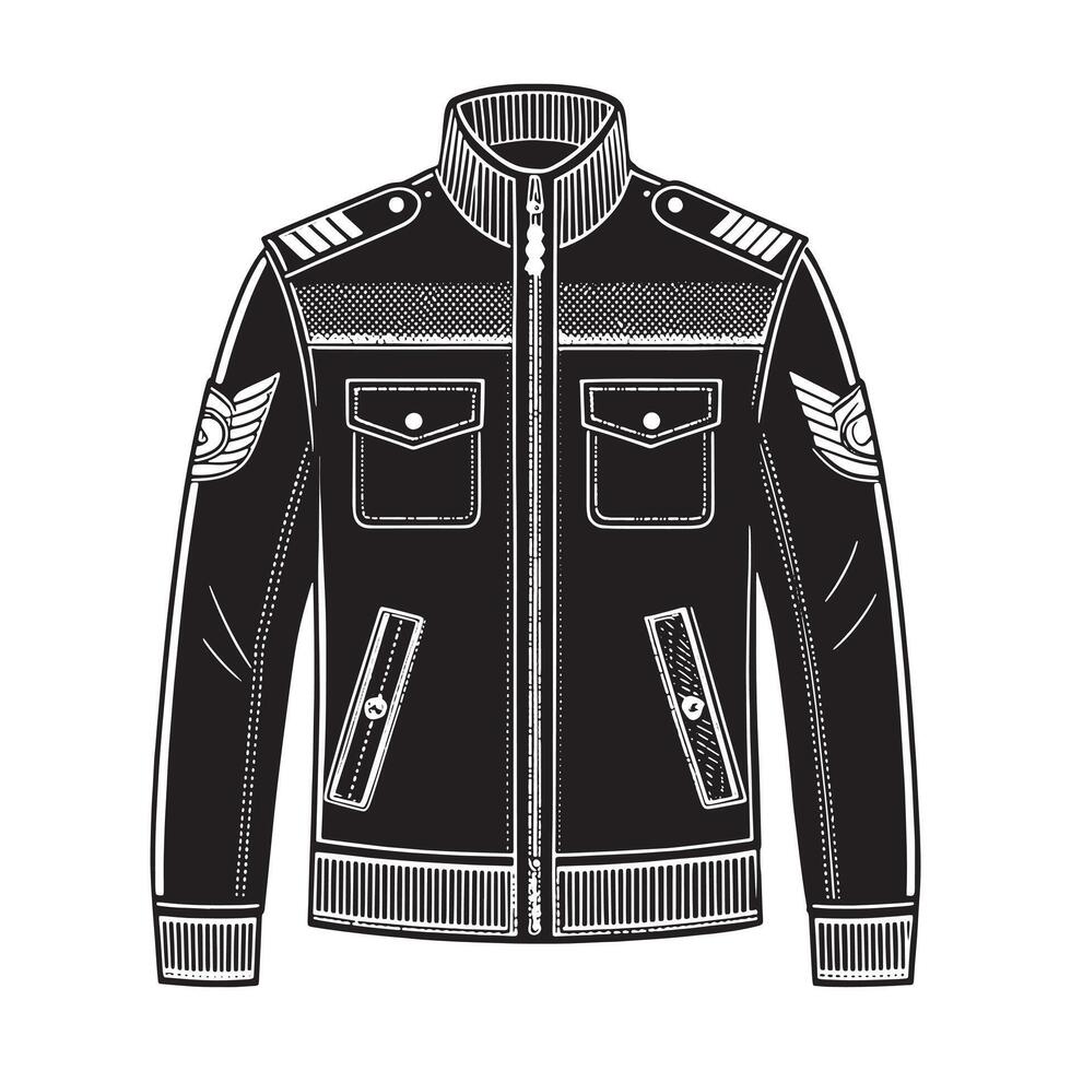 A structured leather jacket in army green, featuring epaulets and tactical pockets silhouette vector