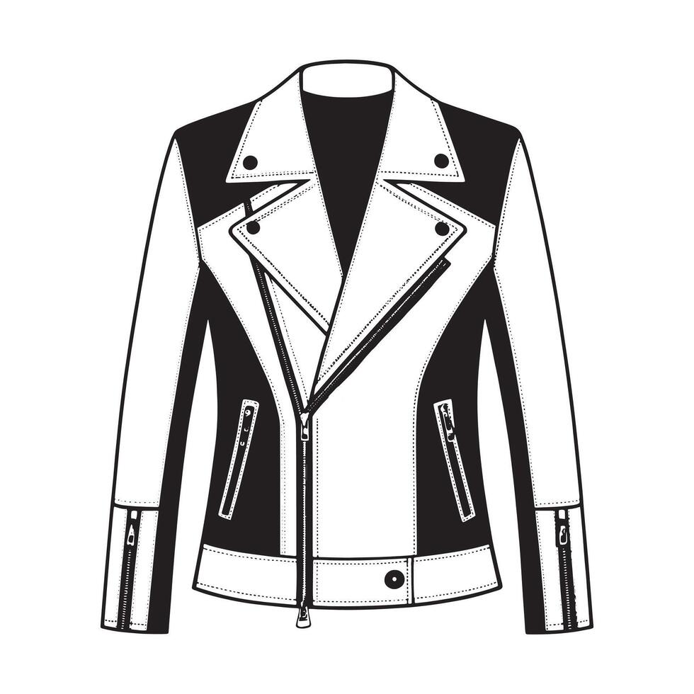 A designer-inspired jacket with exaggerated lapels, oversized zippers, and vibrant Black and White silhouette vector