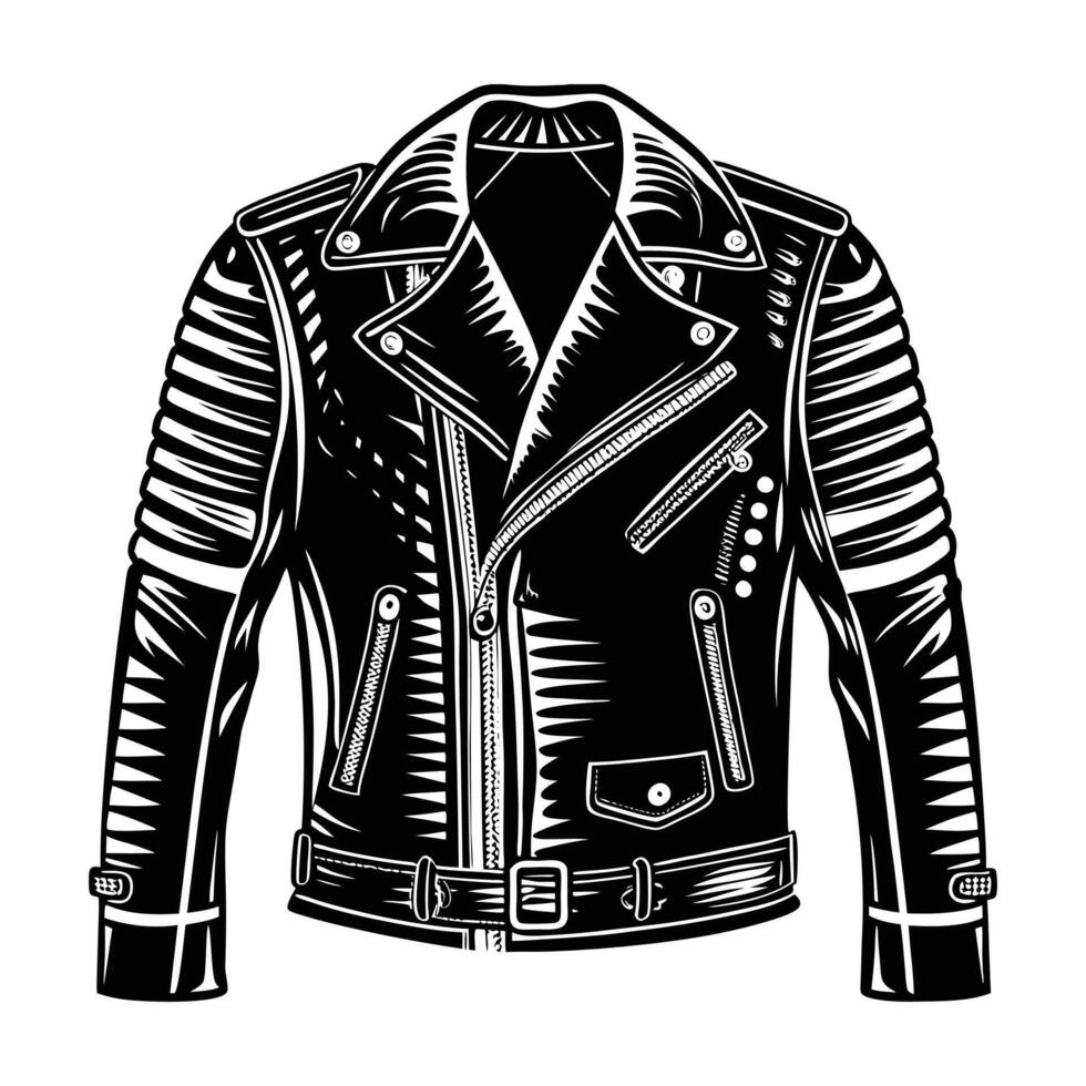 A sleek leather jacket with neon accents and metallic zippers, inspired by cyberpunk aesthetics silhouette vector