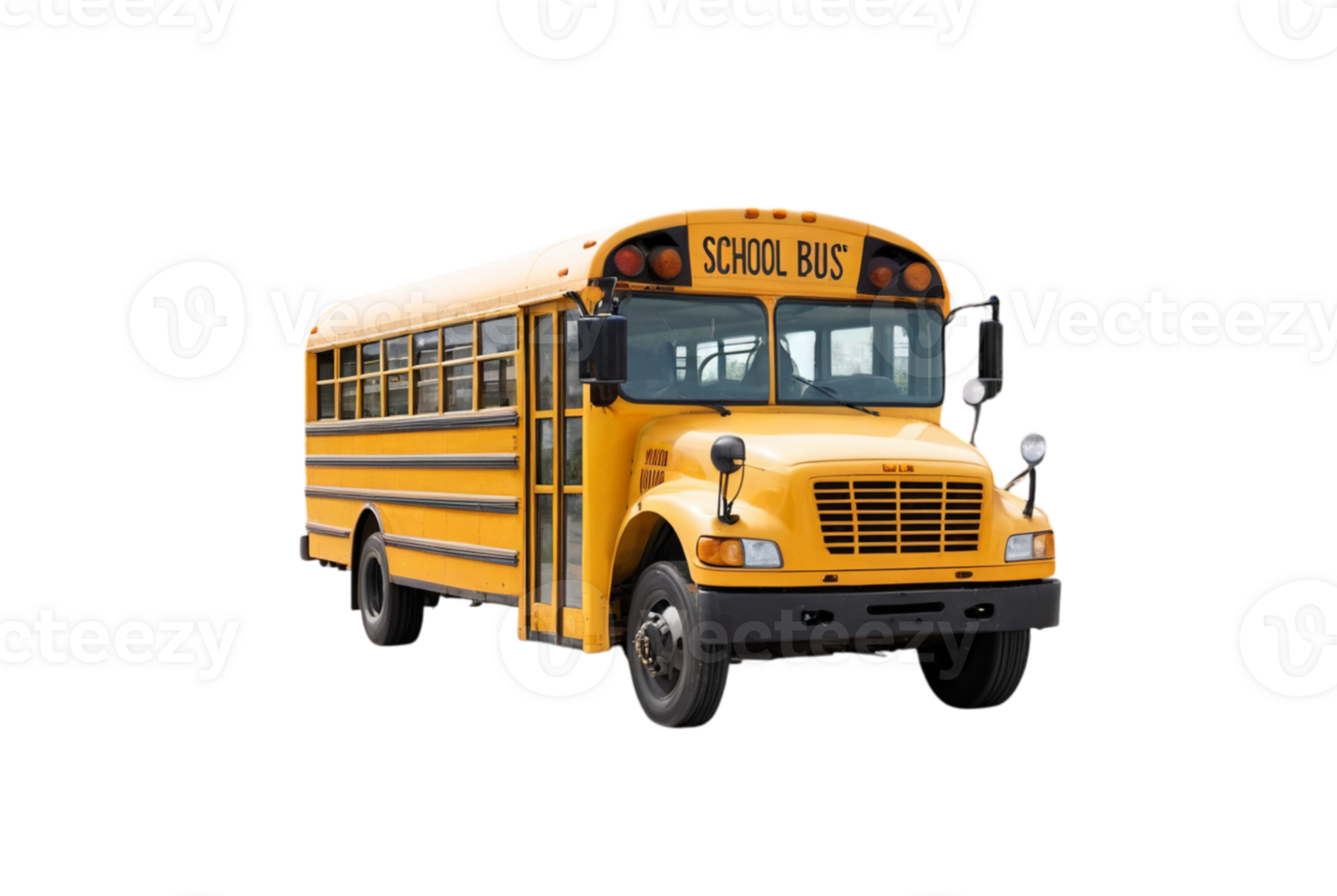 Front of a yellow american school bus on busy road png