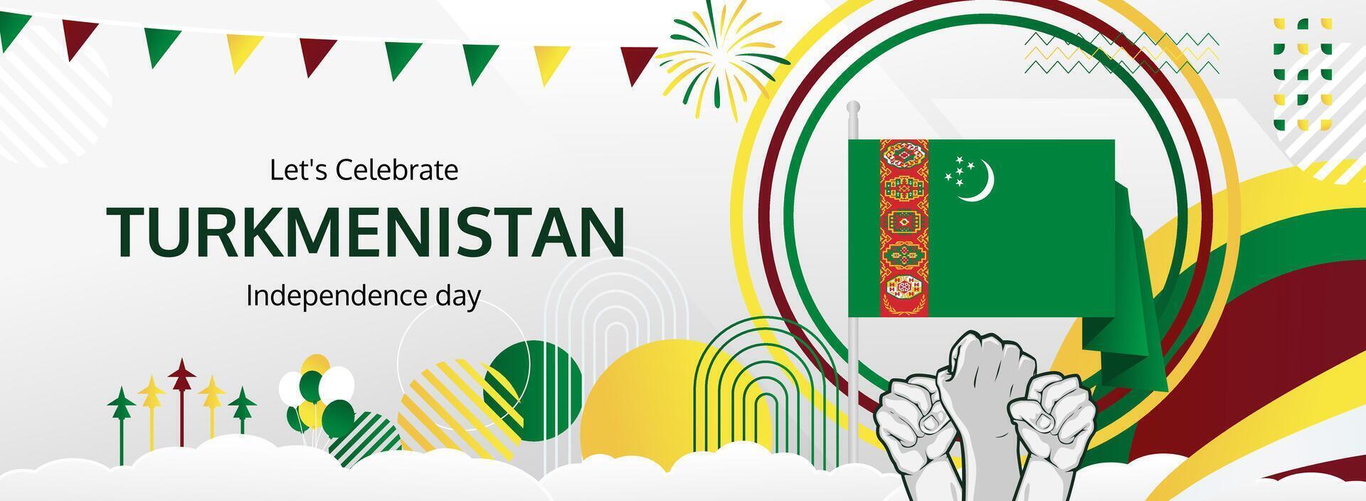 Turkmenistan National Day horizontal design banner with raised hands and country flag to celebrate September 27 proudly. Happy Turkmenistan Independence Day vector