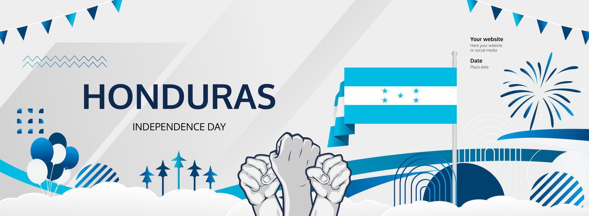 Honduras Independence Day greeting banner. September 15th is celebrated as national holiday every year. Abstract template with flag and raised fist. Honduras national holiday illustration concept. vector