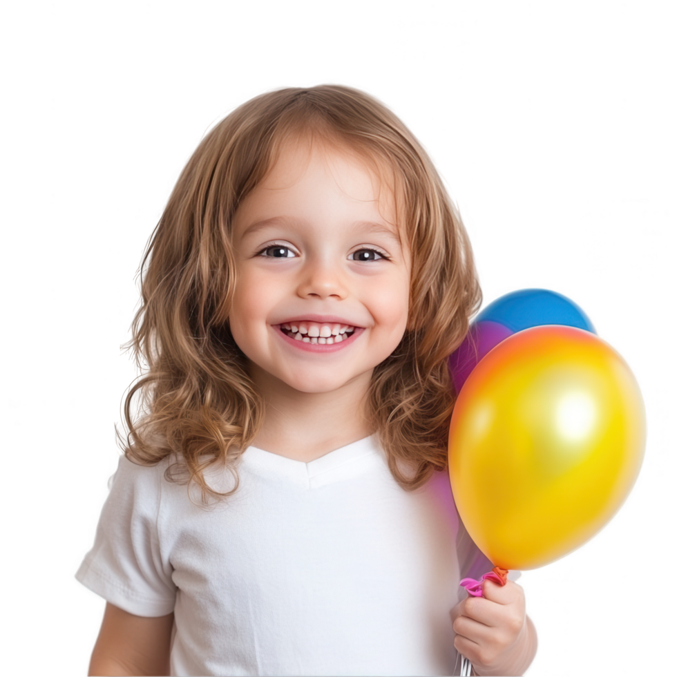 A joyful child beaming with a bright smile while holding a colorful balloon on a transparent background png