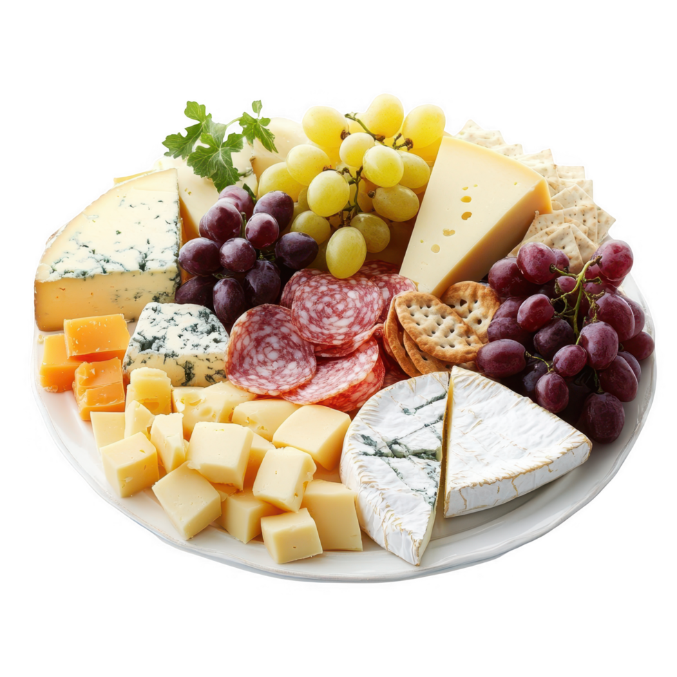An elegant cheese platter featuring a selection of cheeses and fresh grapes on a transparent background png