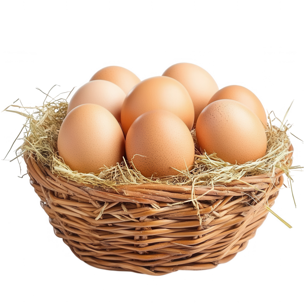 A charming basket of freshly gathered farm eggs nestled among hay and scattered feathers on a transparent background png