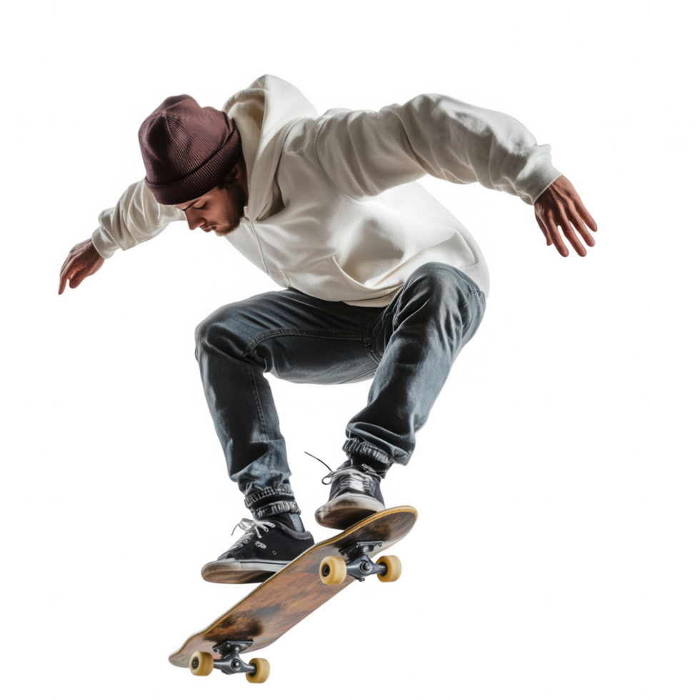 A male skateboarder captured mid-air while executing a trick on a transparent background png
