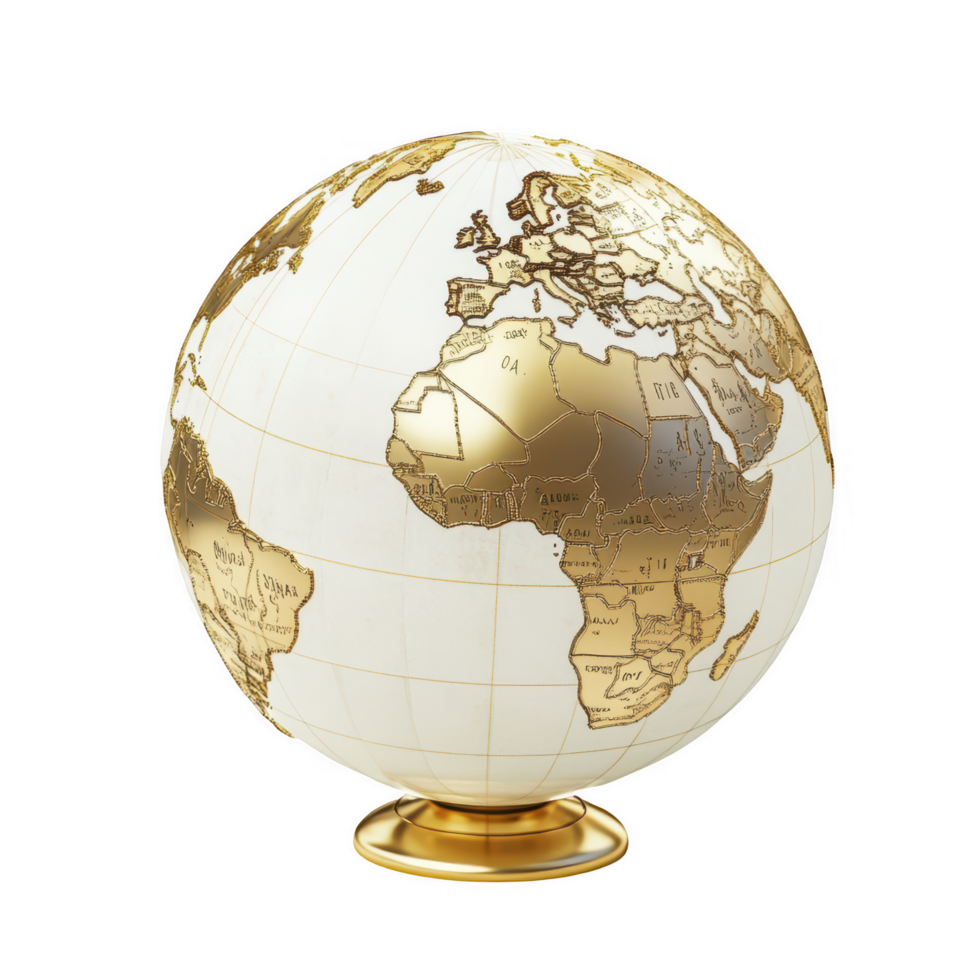 A richly detailed globe with continents accented in gold on a transparent background png