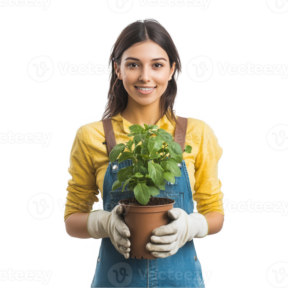 A female gardener holding a potted plant and wearing gardening gloves transparent background png